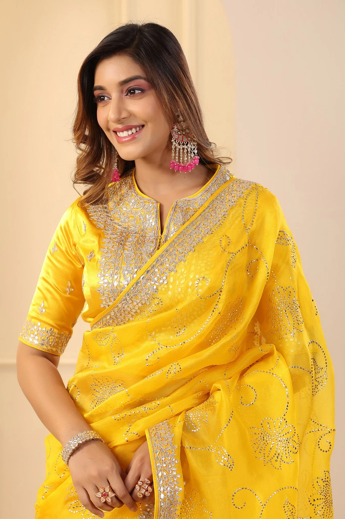 91Z174-RO Mango Yellow Embroidered Organza Sari with Blouse