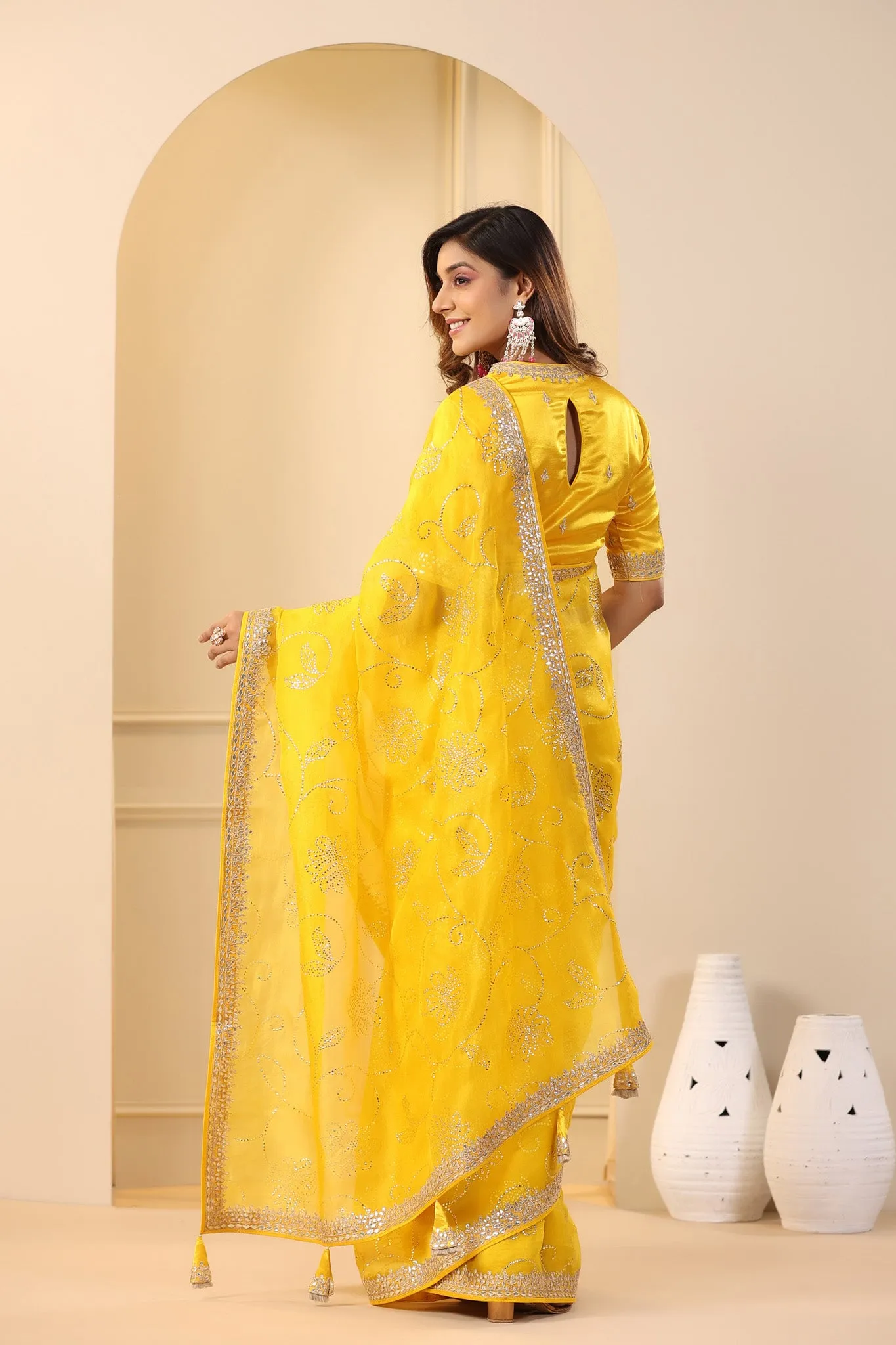 91Z174-RO Mango Yellow Embroidered Organza Sari with Blouse