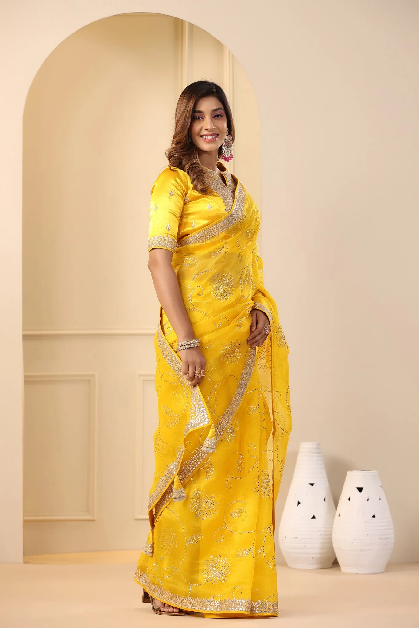 91Z174-RO Mango Yellow Embroidered Organza Sari with Blouse