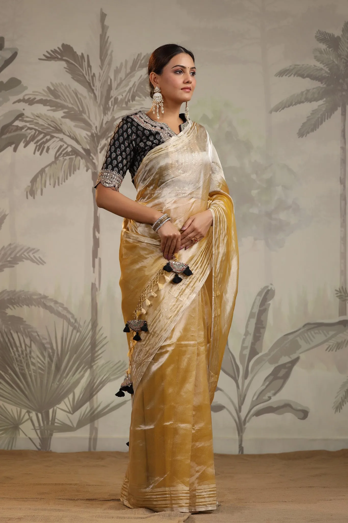 91Z200-RO Yellow Tissue Silk Saree with Embroidered Blouse