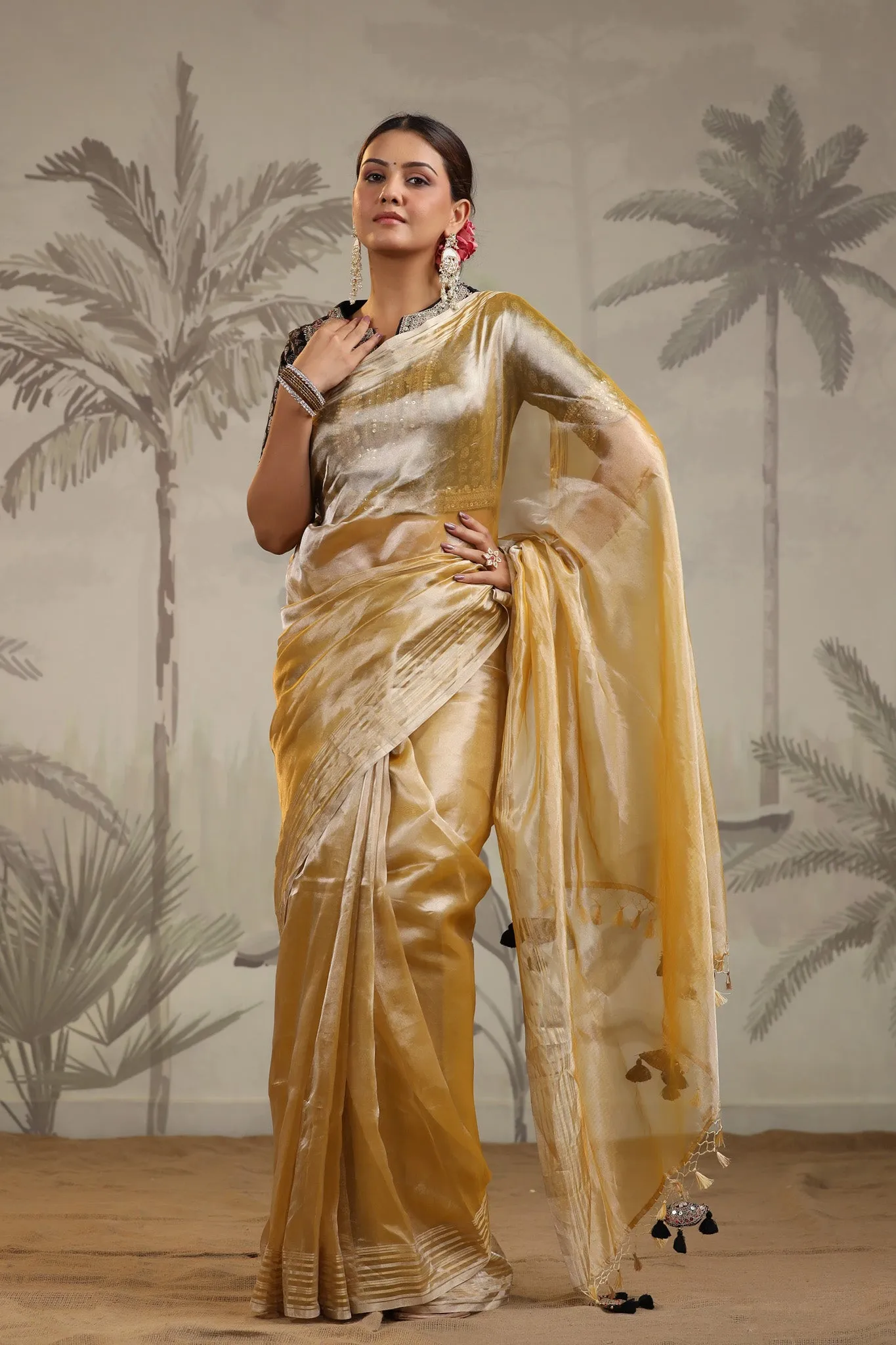 91Z200-RO Yellow Tissue Silk Saree with Embroidered Blouse