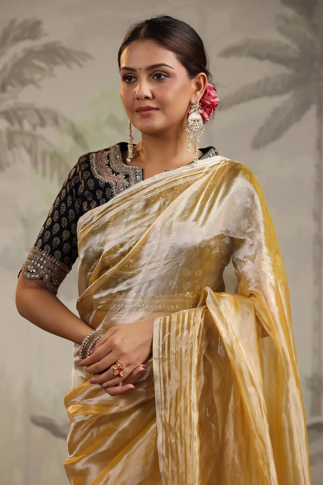 91Z200-RO Yellow Tissue Silk Saree with Embroidered Blouse