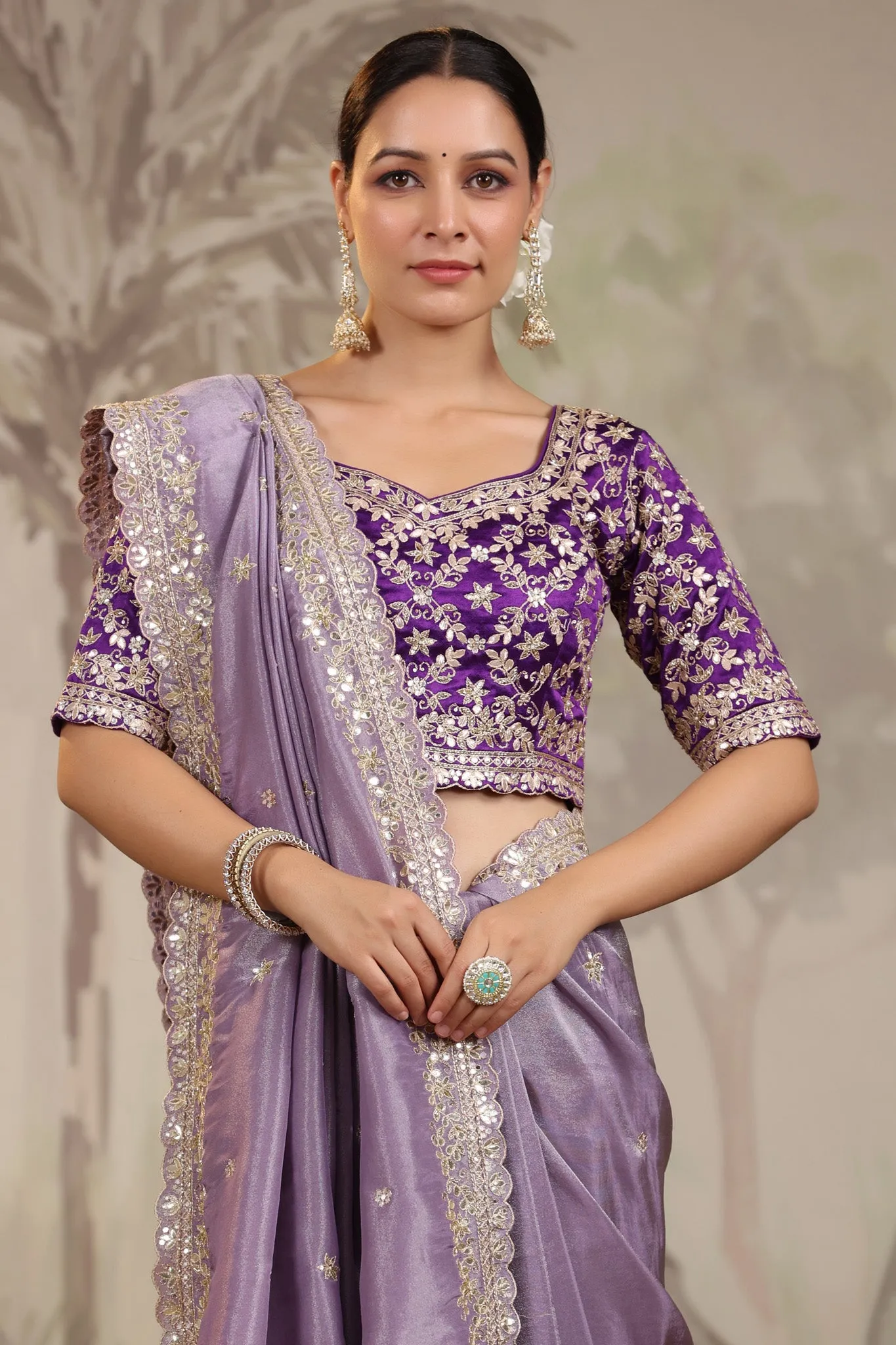 91Z225-RO Lavender Embroidered Silk Sari with Designer Blouse