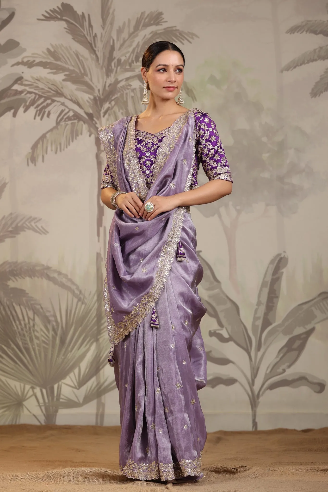 91Z225-RO Lavender Embroidered Silk Sari with Designer Blouse