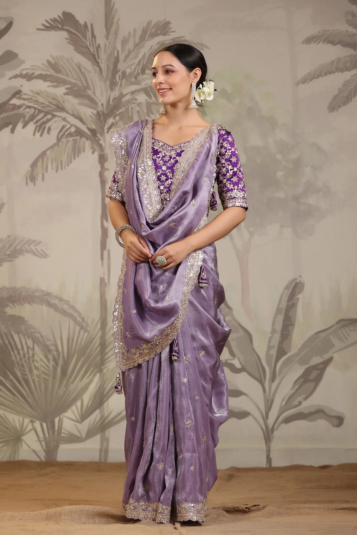 91Z225-RO Lavender Embroidered Silk Sari with Designer Blouse