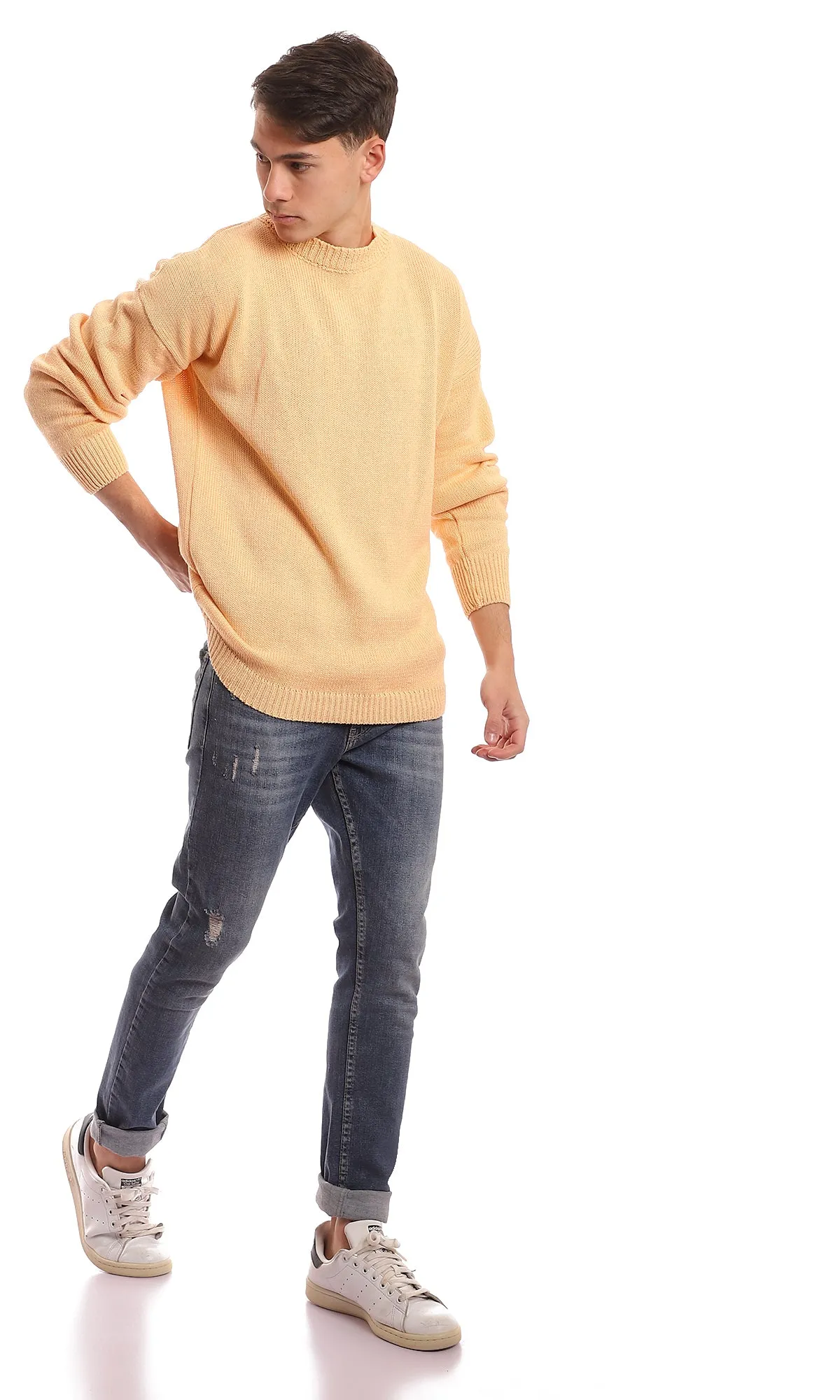 98068 Chunky Knit Mock Neck Light Mango Pullover