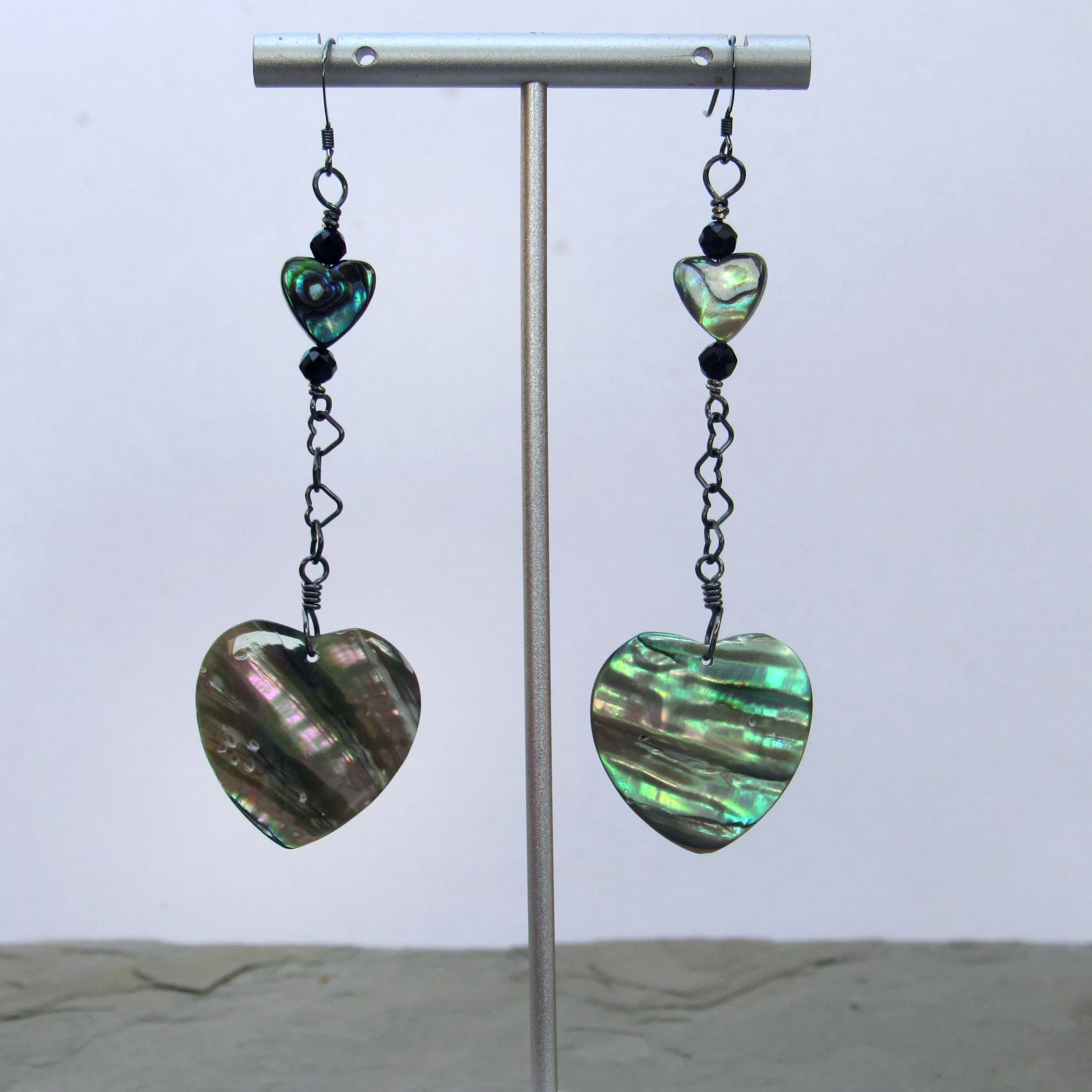 Abalone Hearts, Black Spinel gemstones, and Oxidized Sterling Silver Drop Earrings