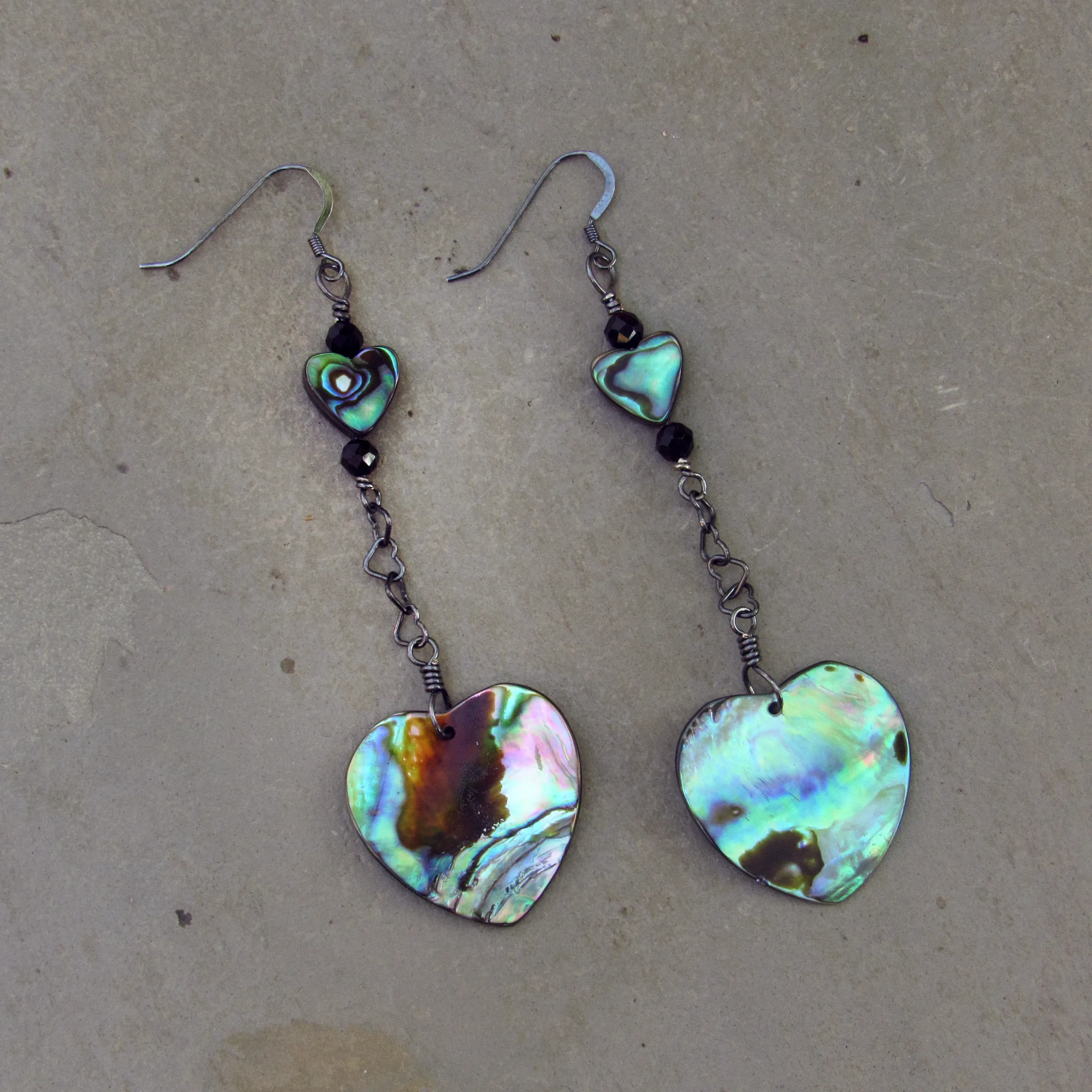 Abalone Hearts, Black Spinel gemstones, and Oxidized Sterling Silver Drop Earrings