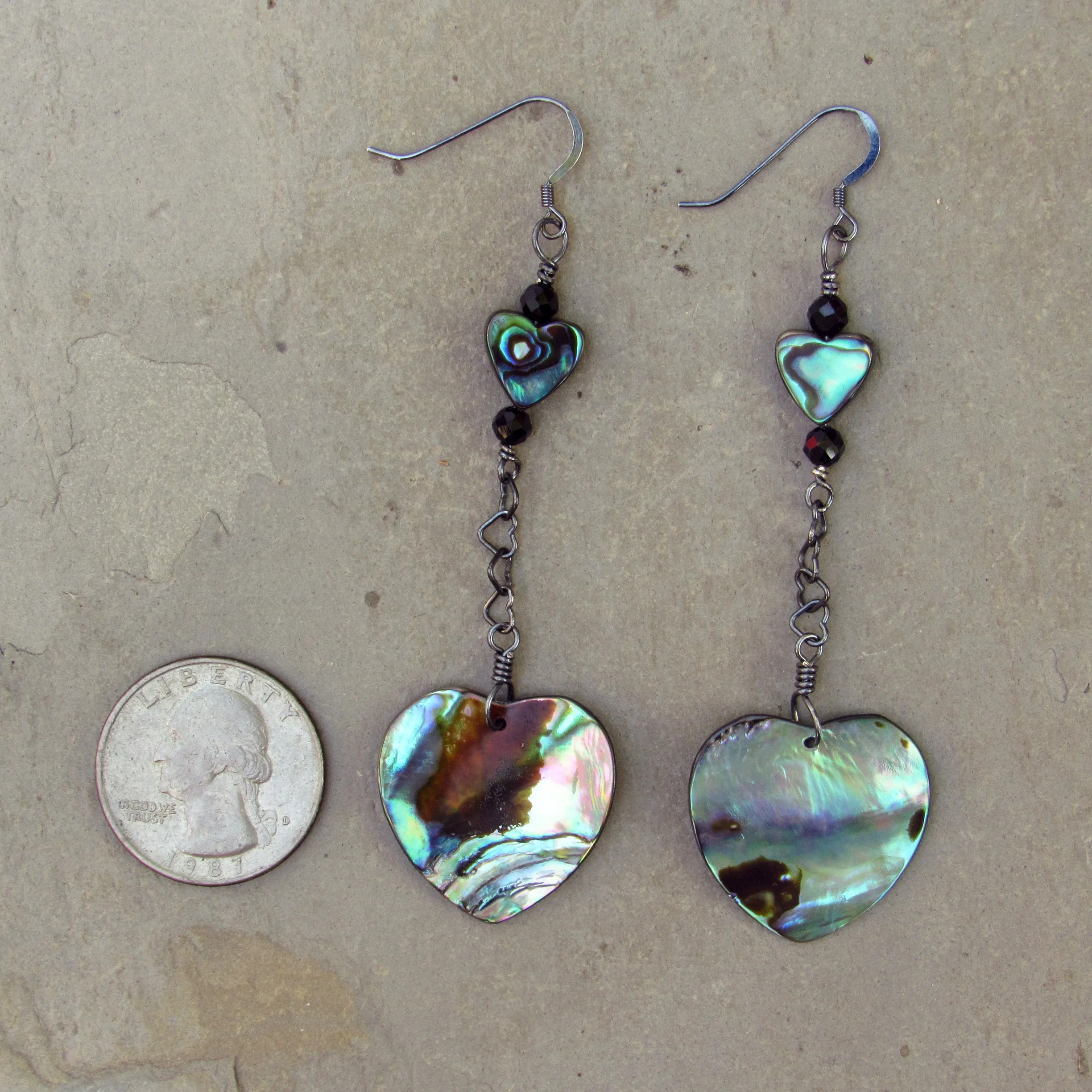 Abalone Hearts, Black Spinel gemstones, and Oxidized Sterling Silver Drop Earrings