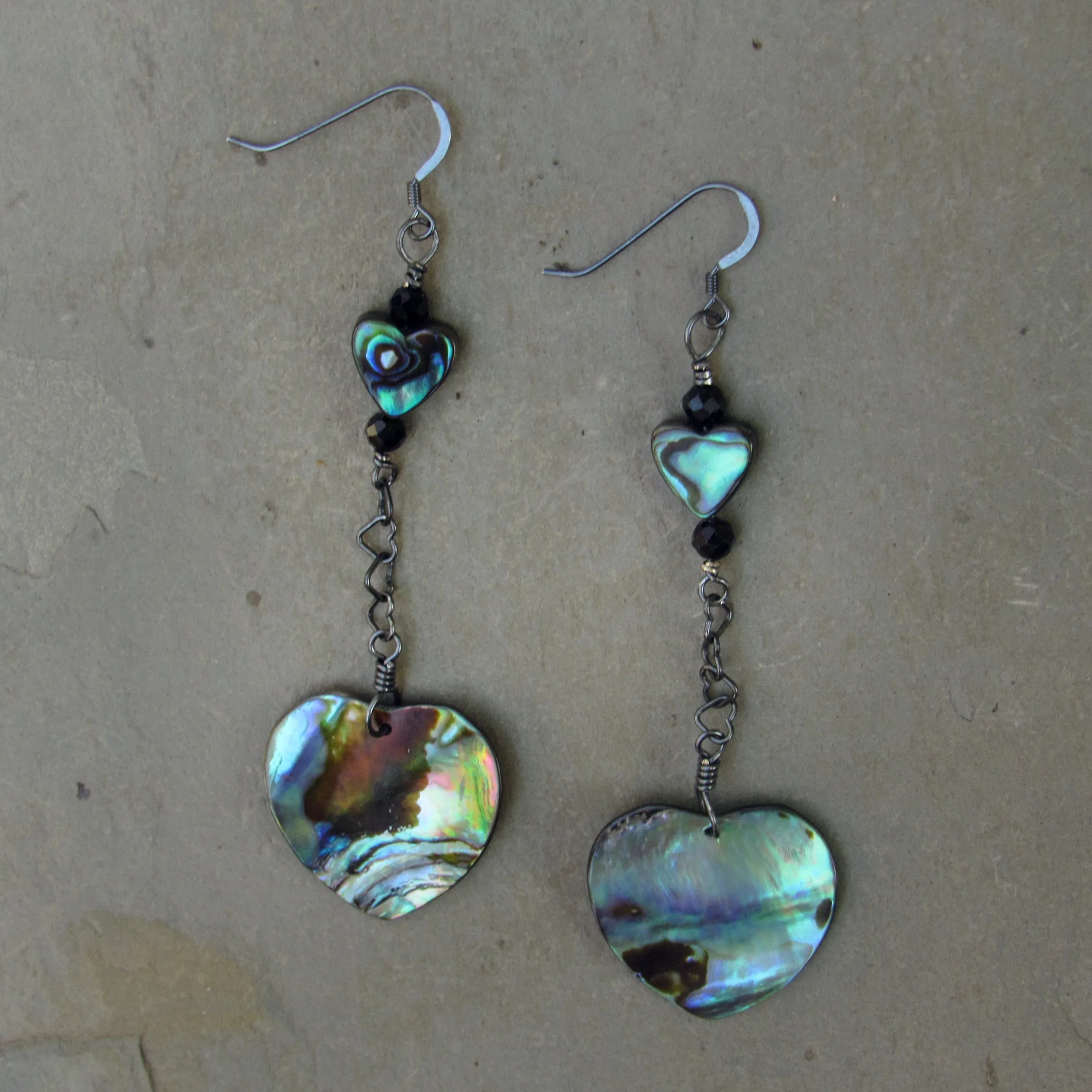 Abalone Hearts, Black Spinel gemstones, and Oxidized Sterling Silver Drop Earrings