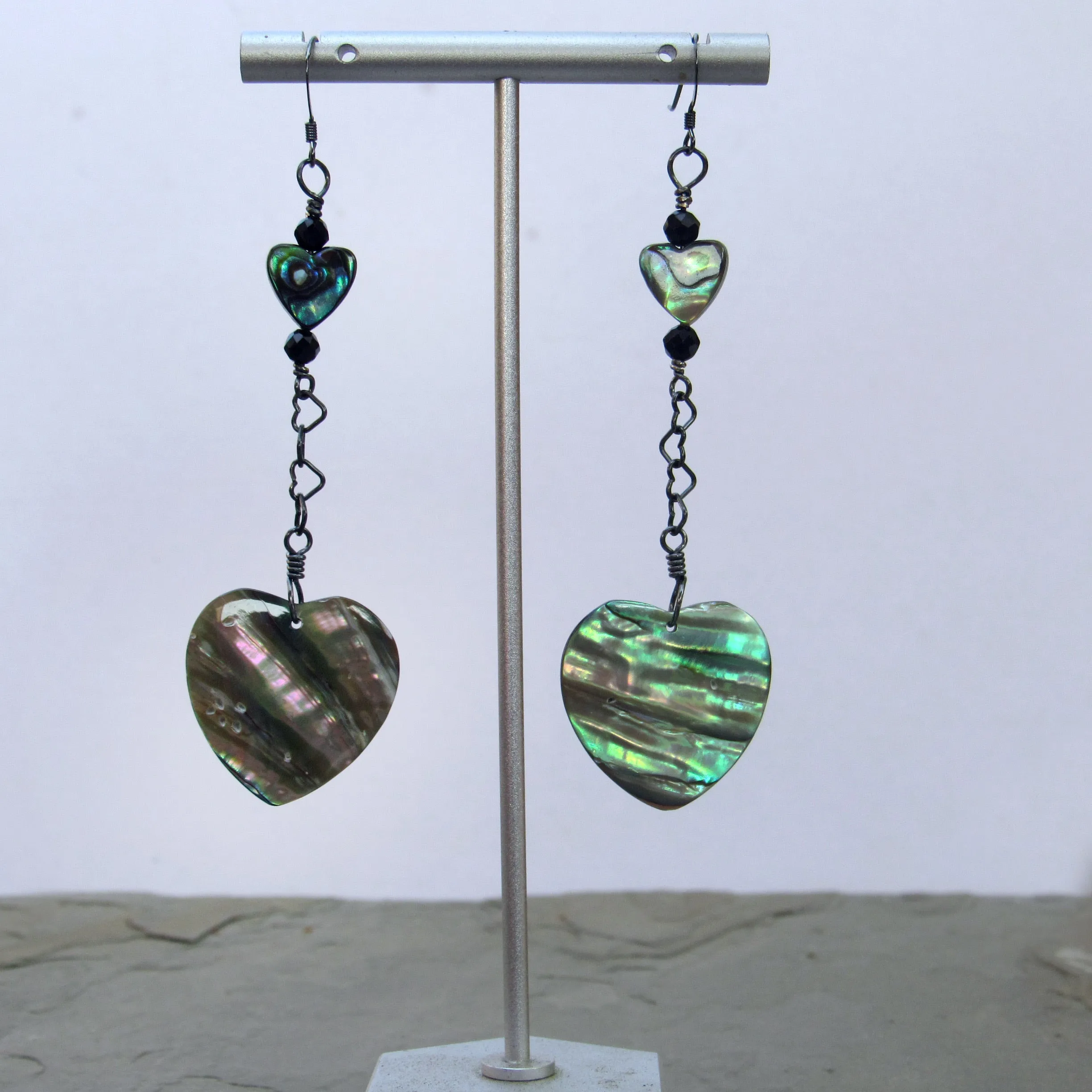 Abalone Hearts, Black Spinel gemstones, and Oxidized Sterling Silver Drop Earrings