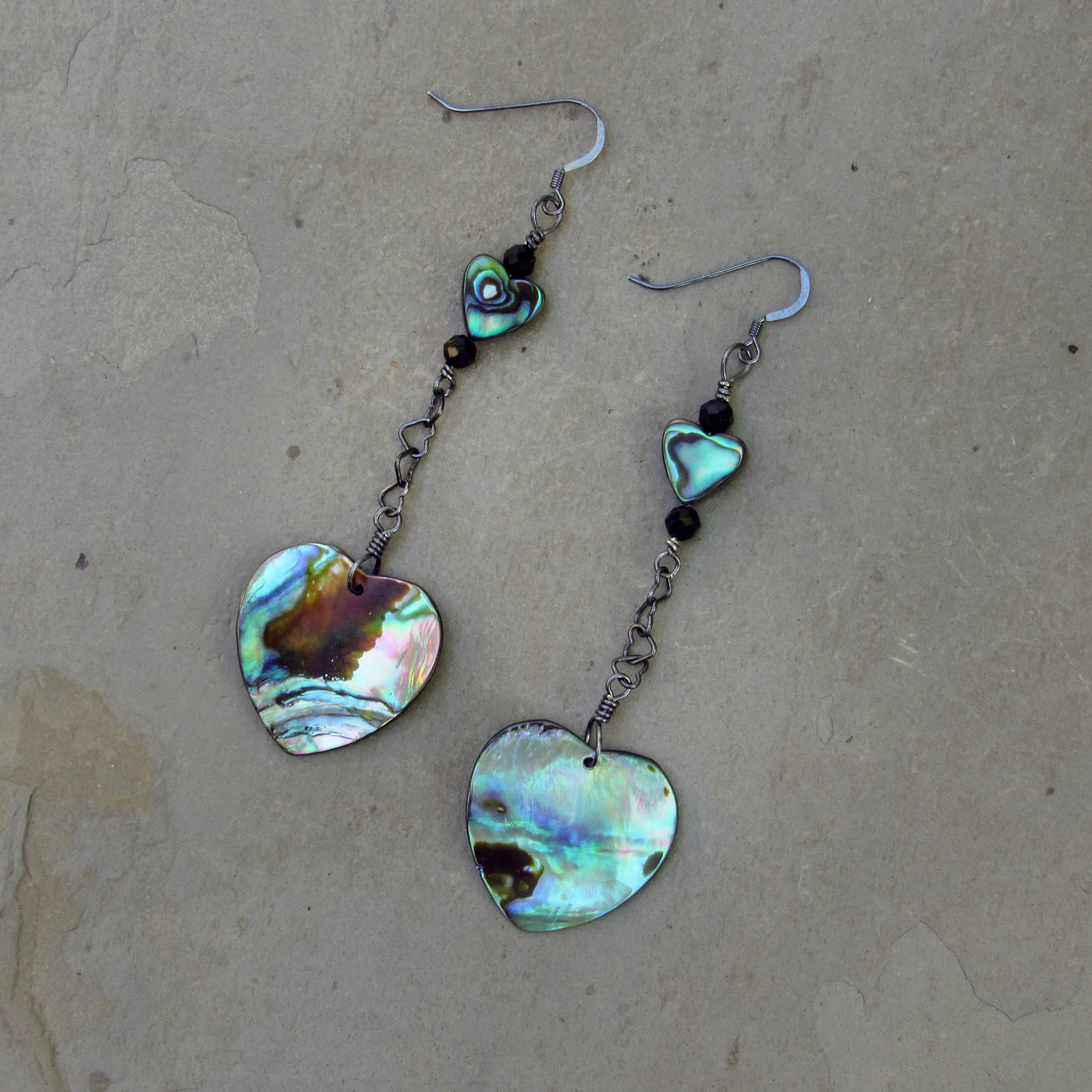 Abalone Hearts, Black Spinel gemstones, and Oxidized Sterling Silver Drop Earrings