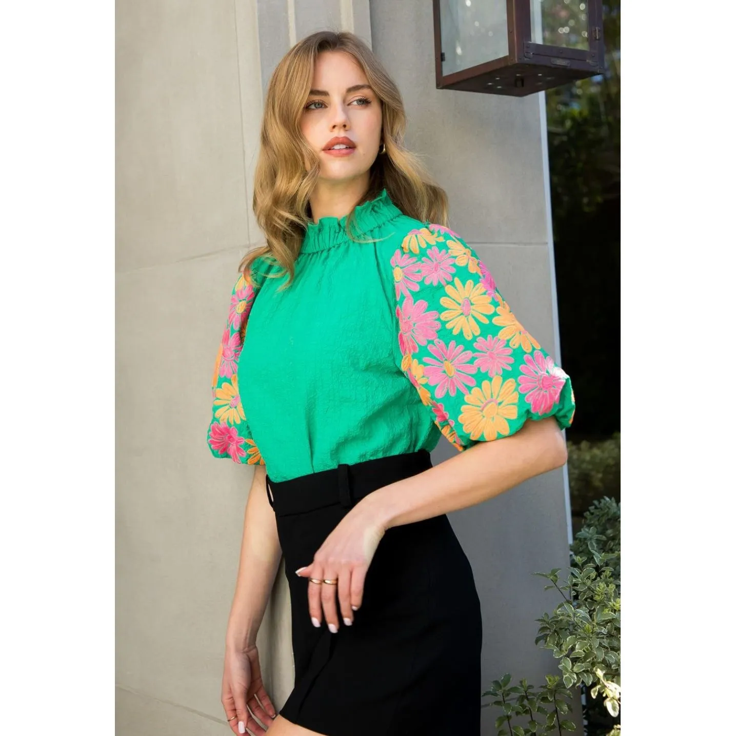 Abbot Green Embroidered Sleeve THML Top