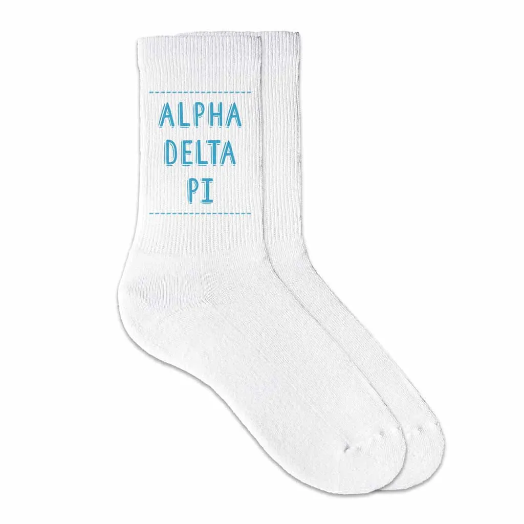 Alpha Delta Pi Crew Socks with Name in Sorority Colors