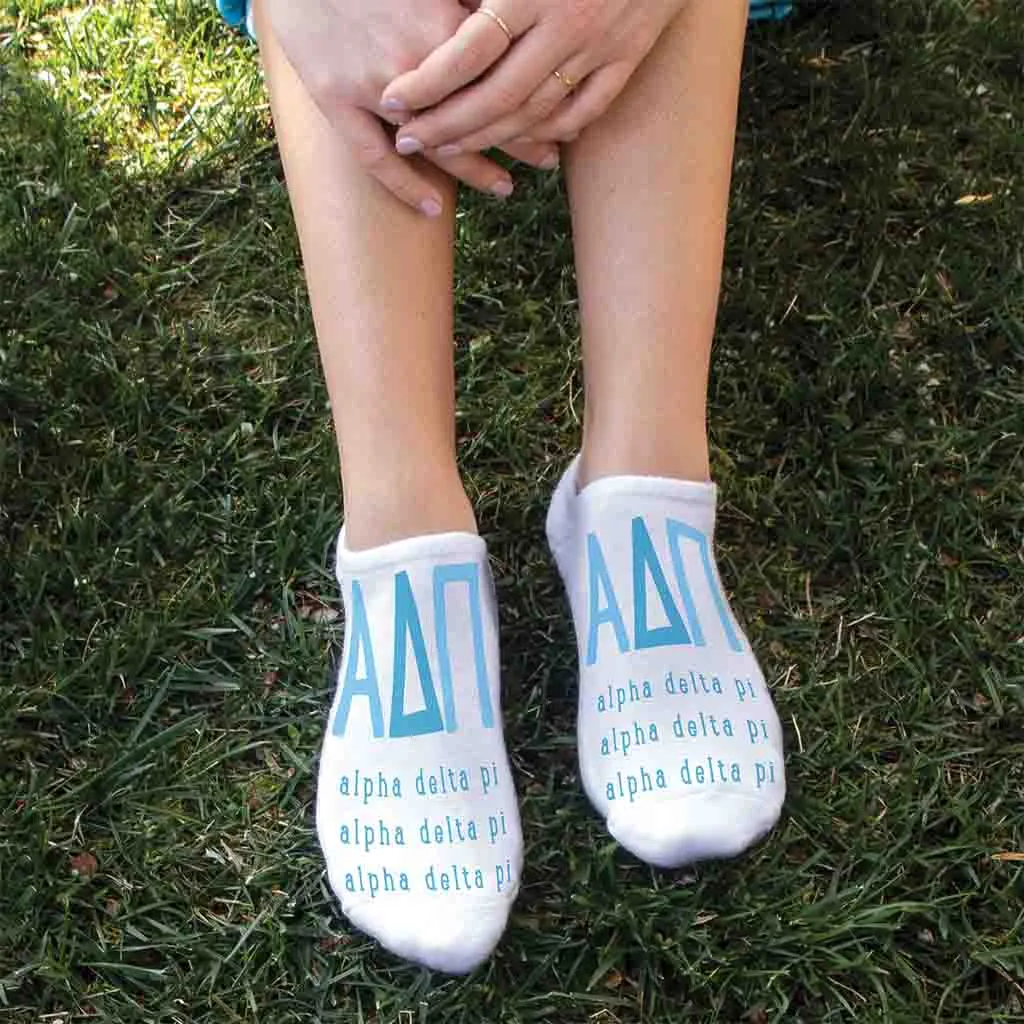 Alpha Delta Pi Sorority Socks with Large Greek Letters, Sorority Letters Printed on No Show Socks