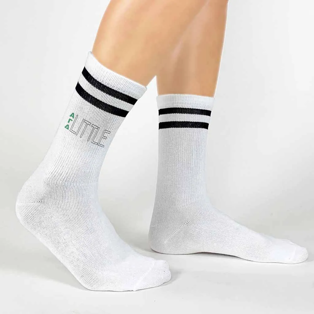 Alpha Gamma Delta Sorority Socks for your Big and Little with Greek Letters on Striped Cotton Crew Socks