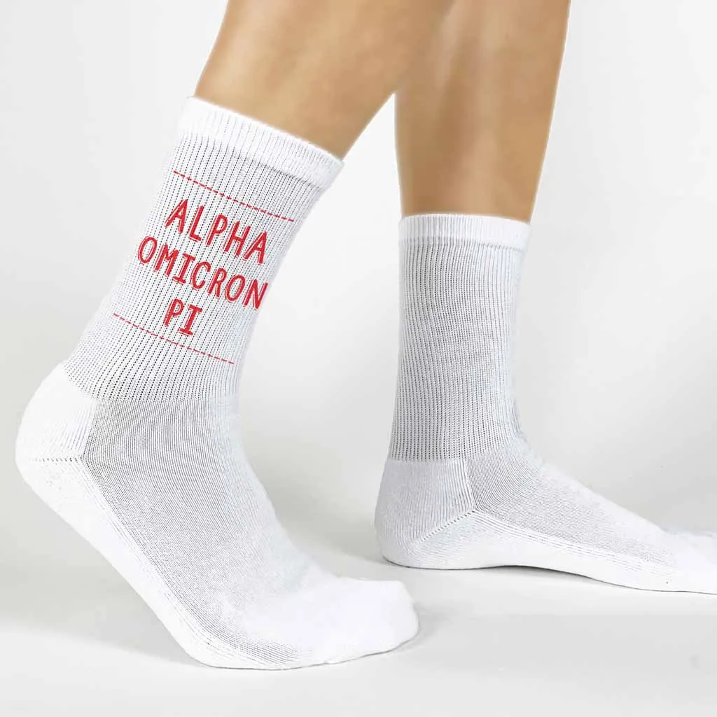 Alpha Omicron Pi Crew Socks with Alpha Omicron Pi Name in Sorority Colors