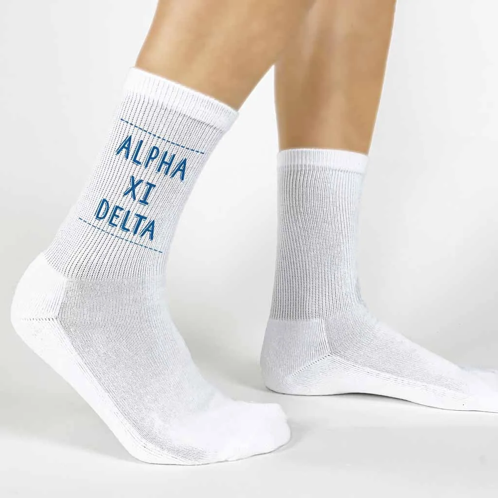 Alpha Xi Delta Crew Socks with Alpha Xi Delta Name in Sorority Colors