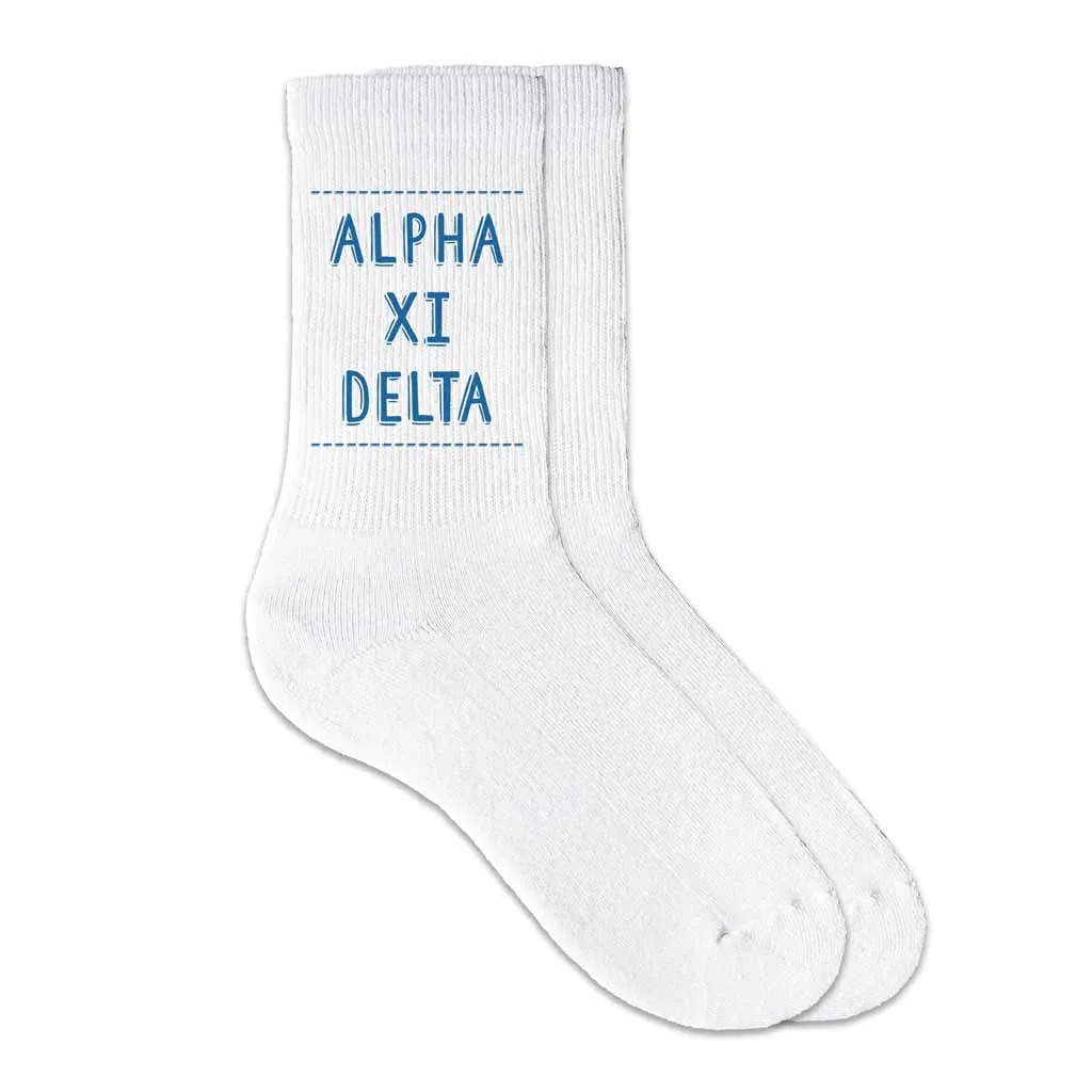 Alpha Xi Delta Crew Socks with Alpha Xi Delta Name in Sorority Colors