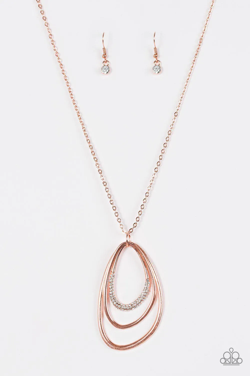 Already Aglow Shiny Copper and White Rhinestone Teardrop Necklace - Paparazzi Accessories