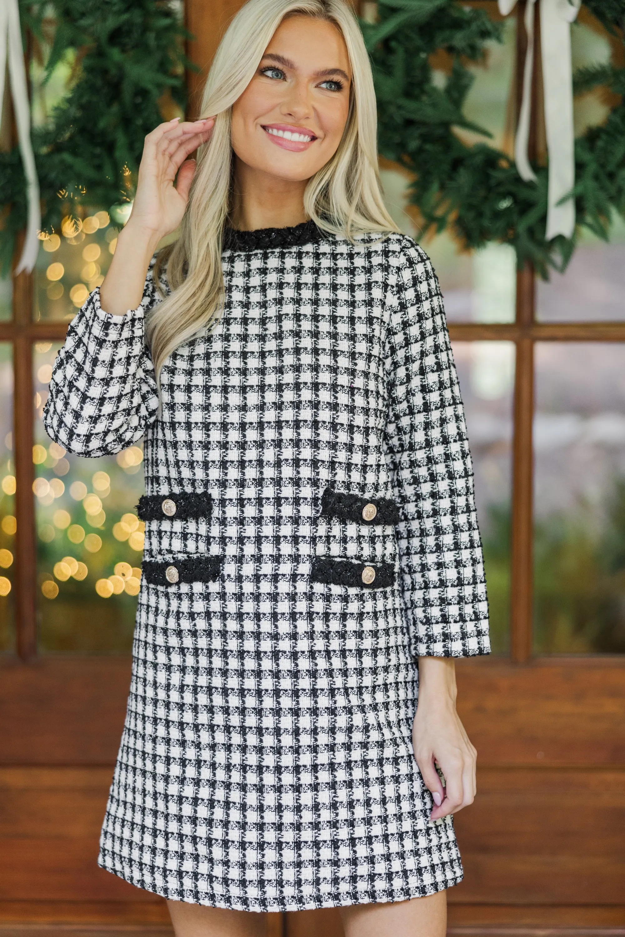 Ask You Out Black Houndstooth Tweed 3/4 Sleeve Dress