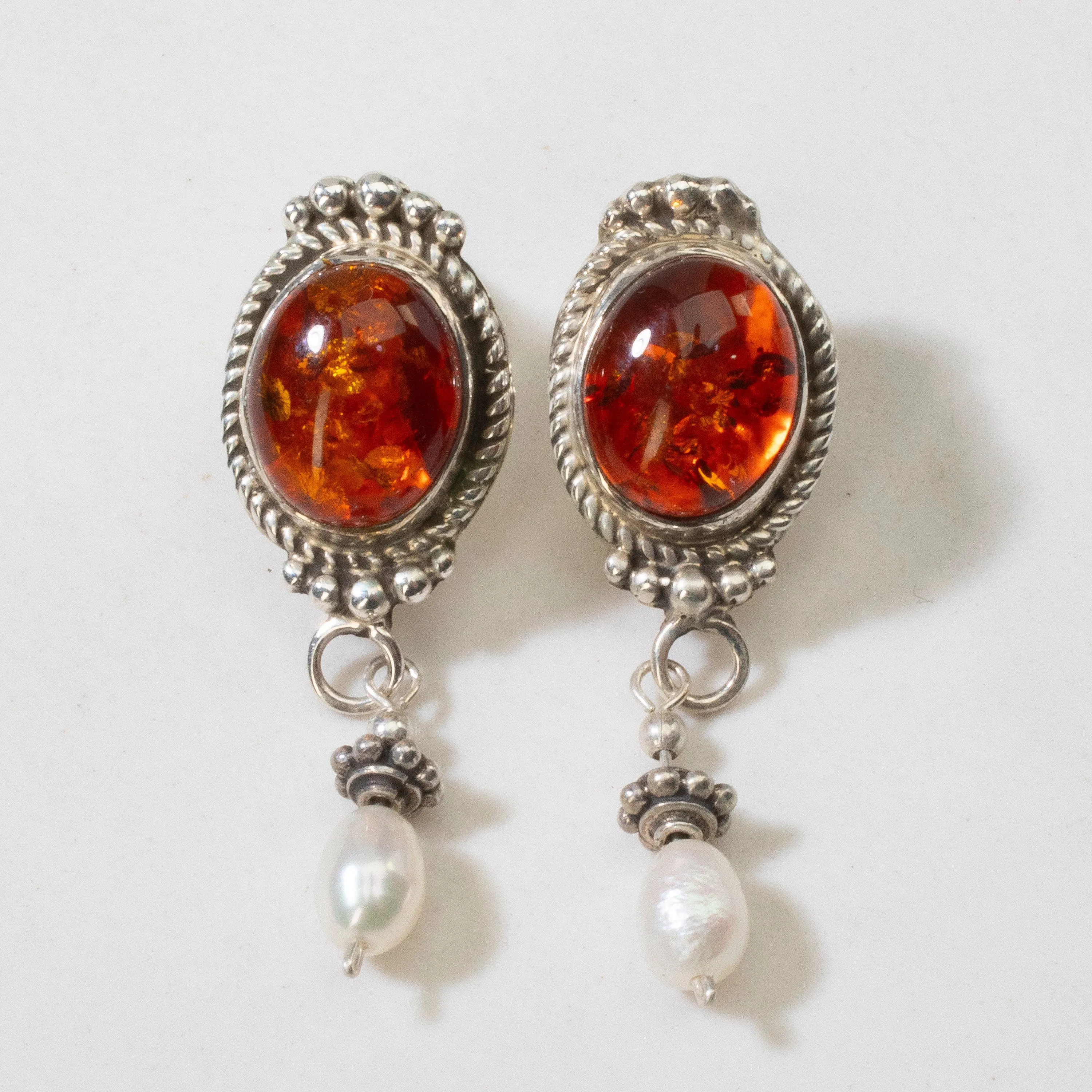 Baltic Amber & Freshwater Pearl Navajo USA Native American Made 925 Sterling Silver Earrings with Stud Backing