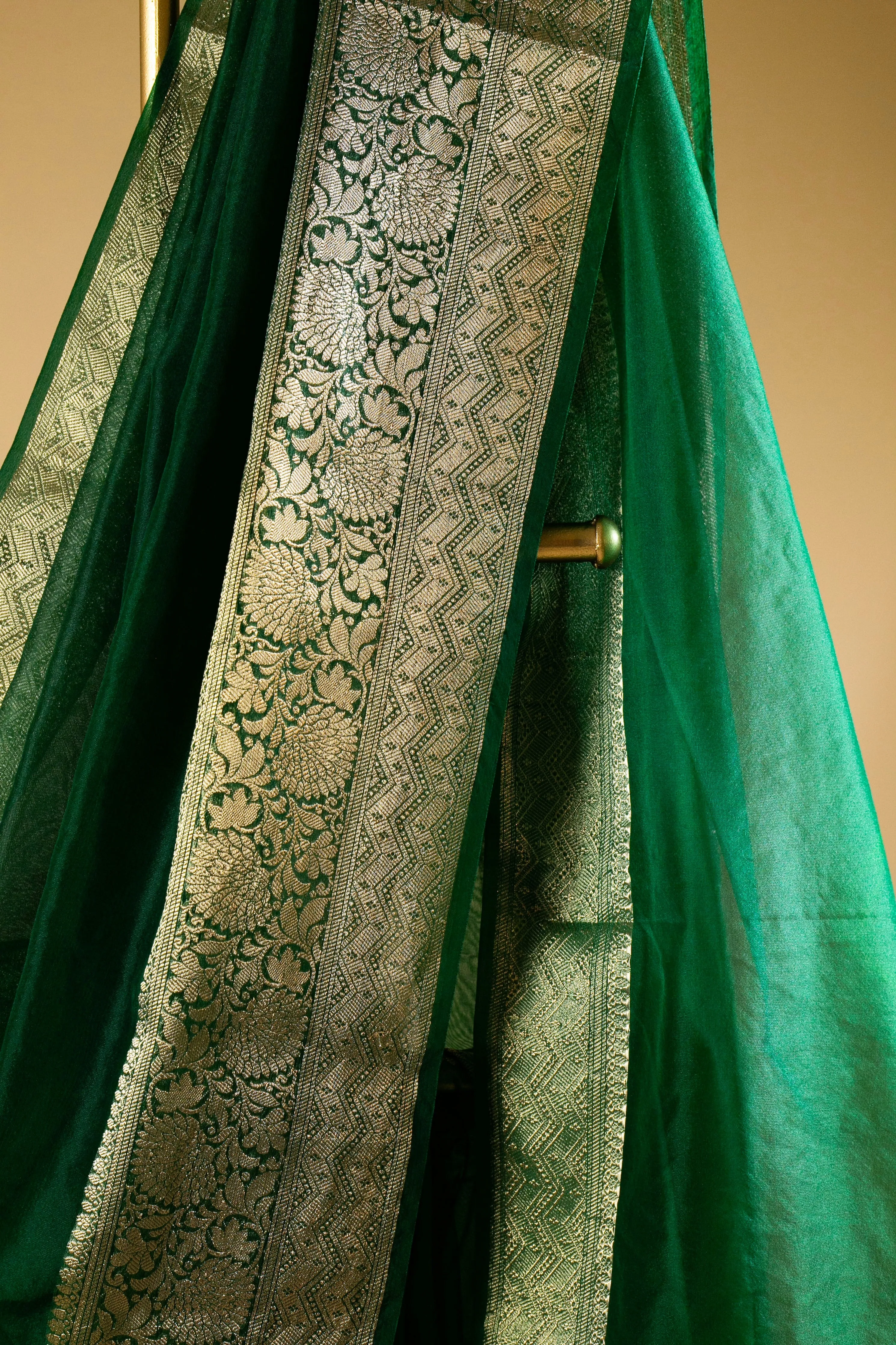 Banarasi Gold Woven Border Georgette Organza Saree with Woven Border Blouse in Bottle Green