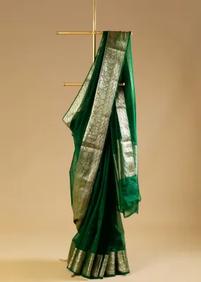 Banarasi Gold Woven Border Georgette Organza Saree with Woven Border Blouse in Bottle Green