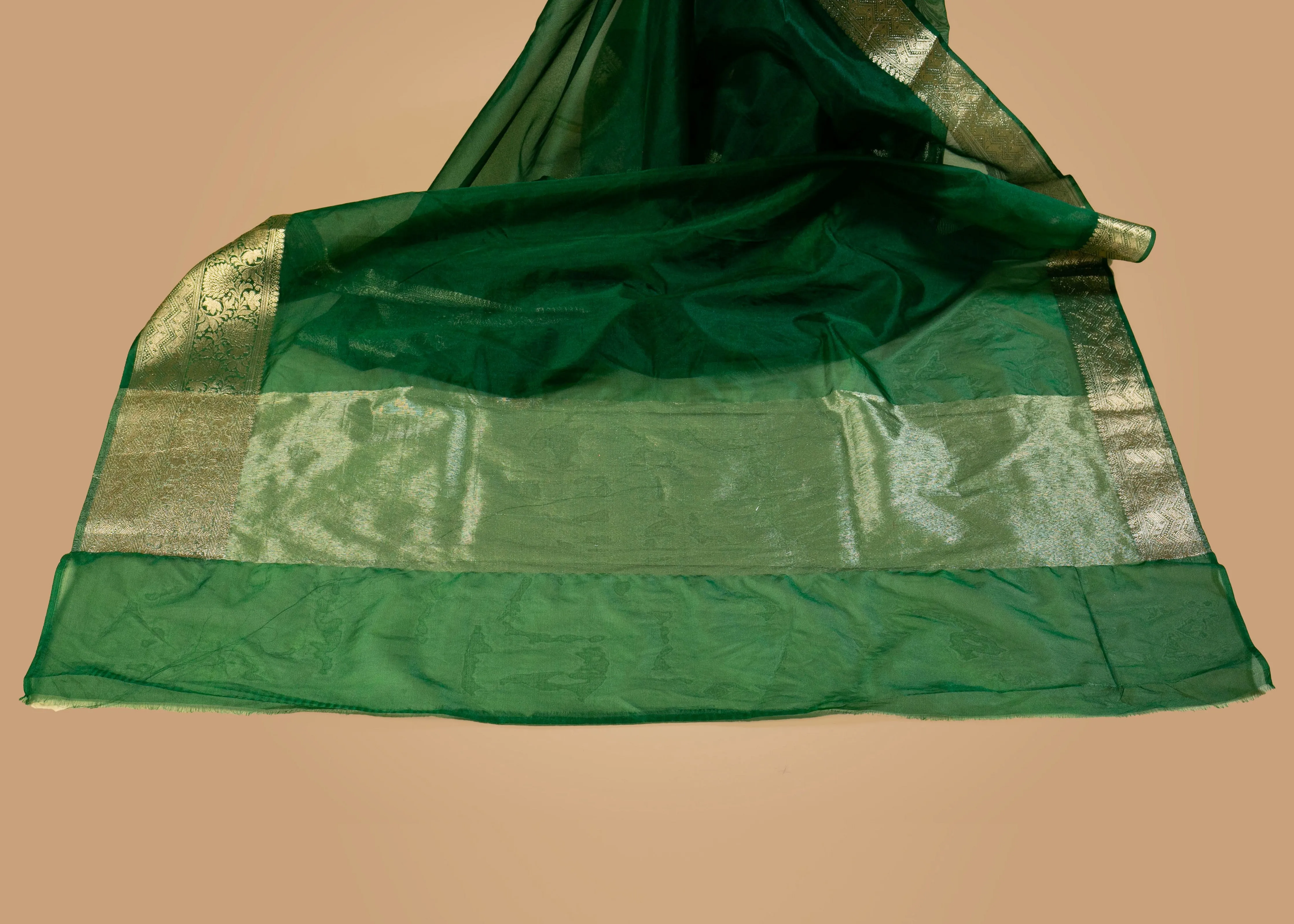 Banarasi Gold Woven Border Georgette Organza Saree with Woven Border Blouse in Bottle Green