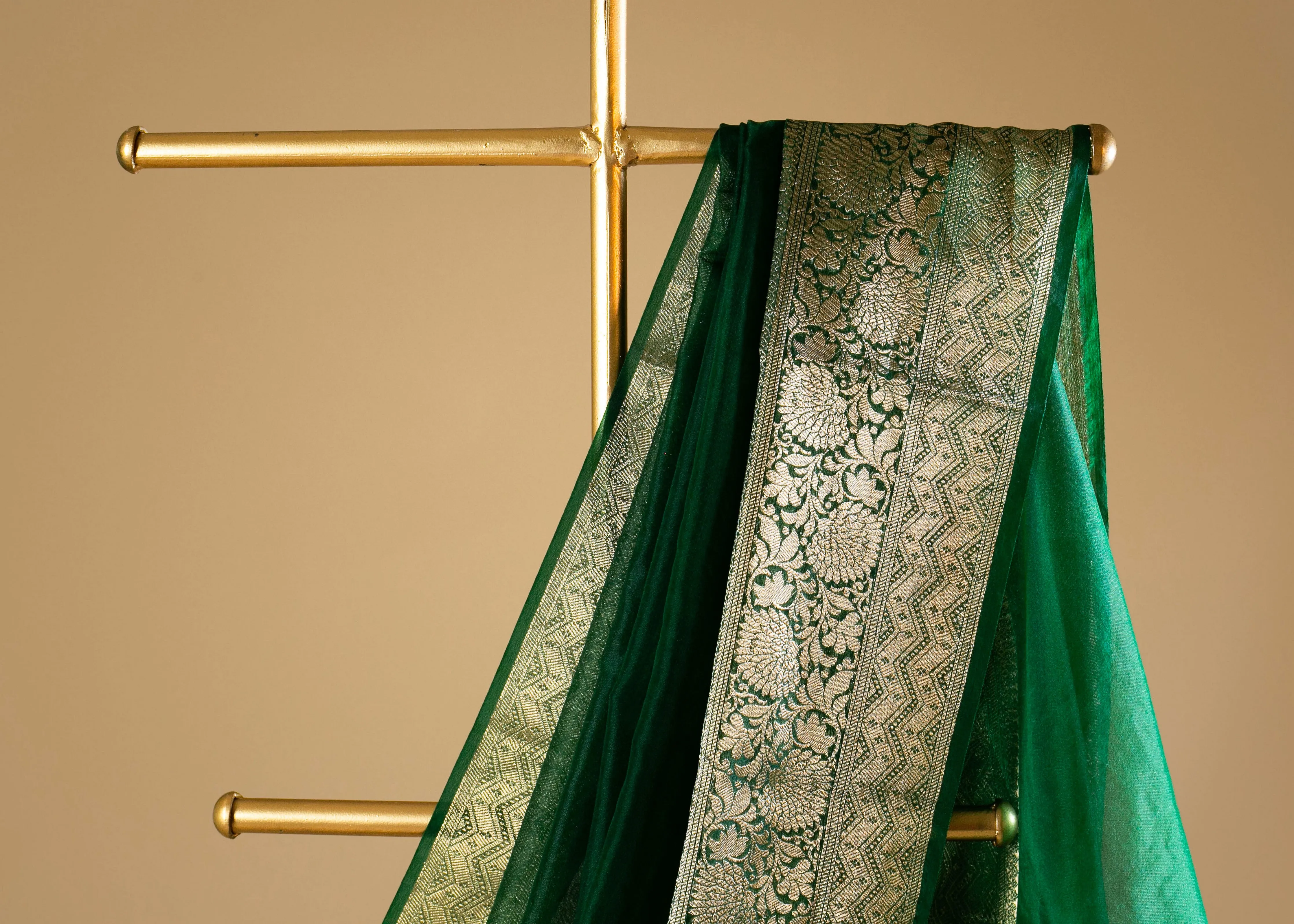 Banarasi Gold Woven Border Georgette Organza Saree with Woven Border Blouse in Bottle Green