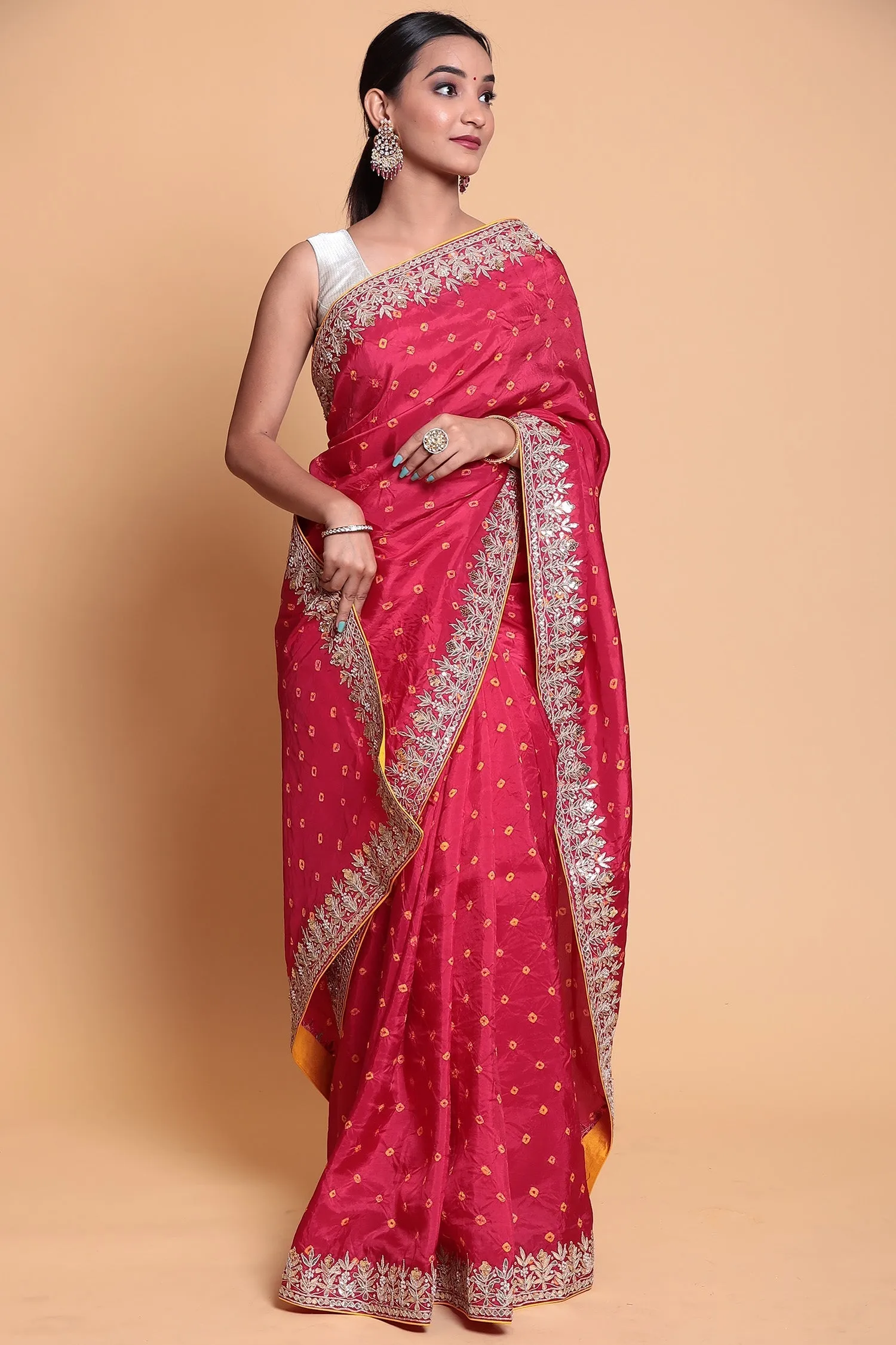 Bandhej Gajji silk Saree with Gota Patti work.