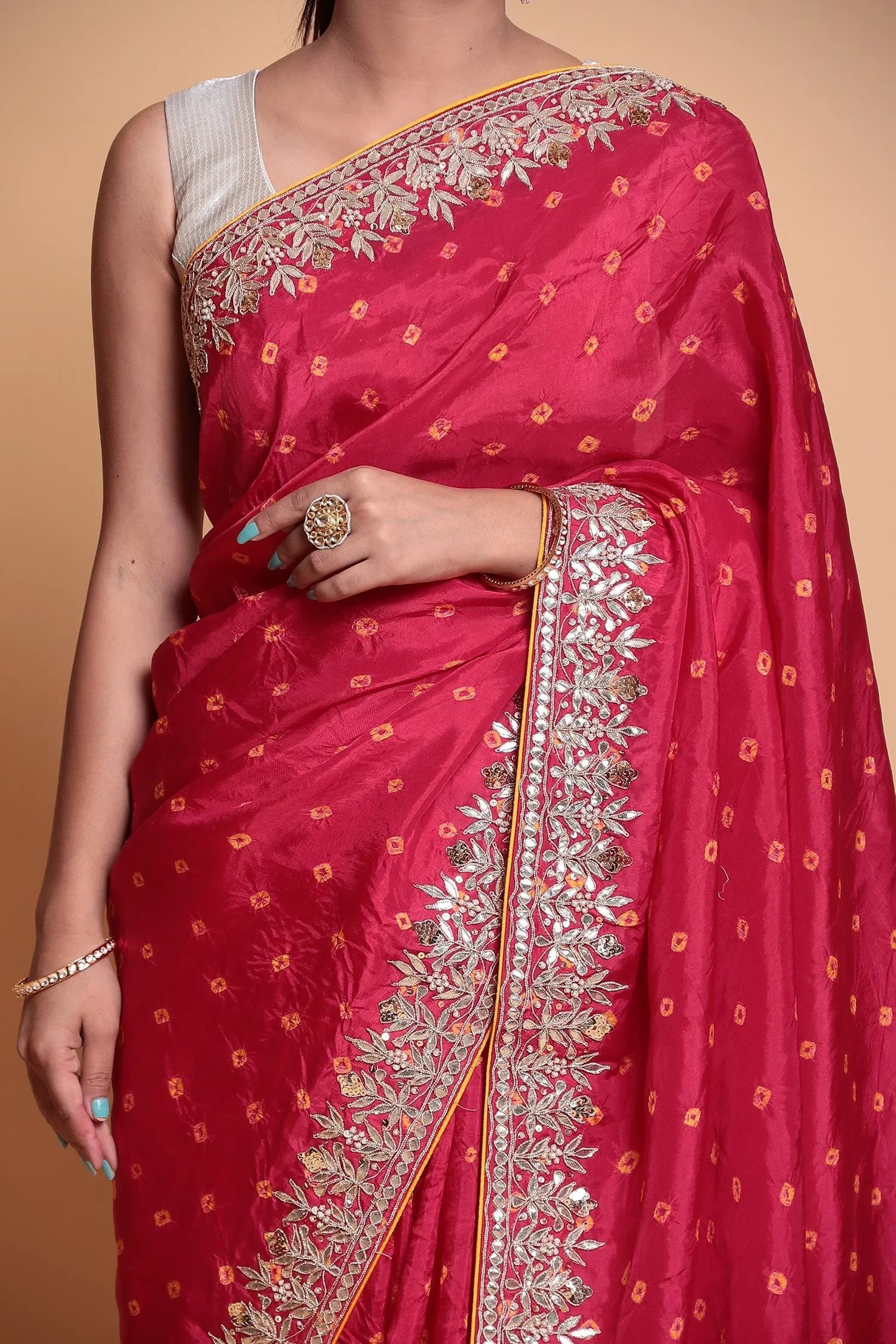 Bandhej Gajji silk Saree with Gota Patti work.