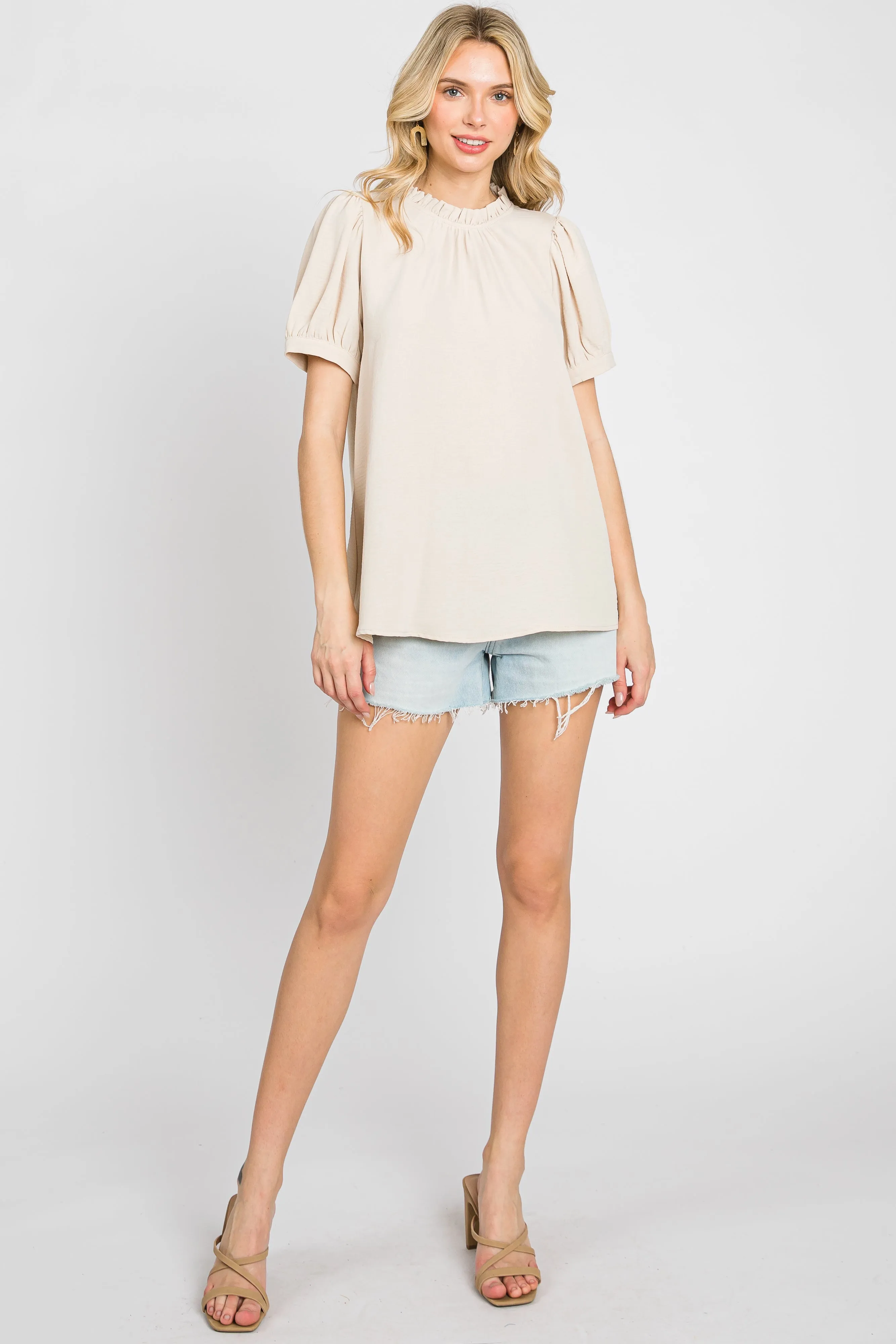 Beige Ruffle Mock Neck Blouse Top