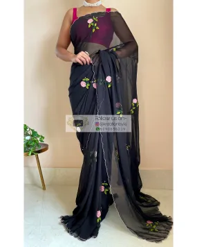 Black Georgette Guldasta Saree