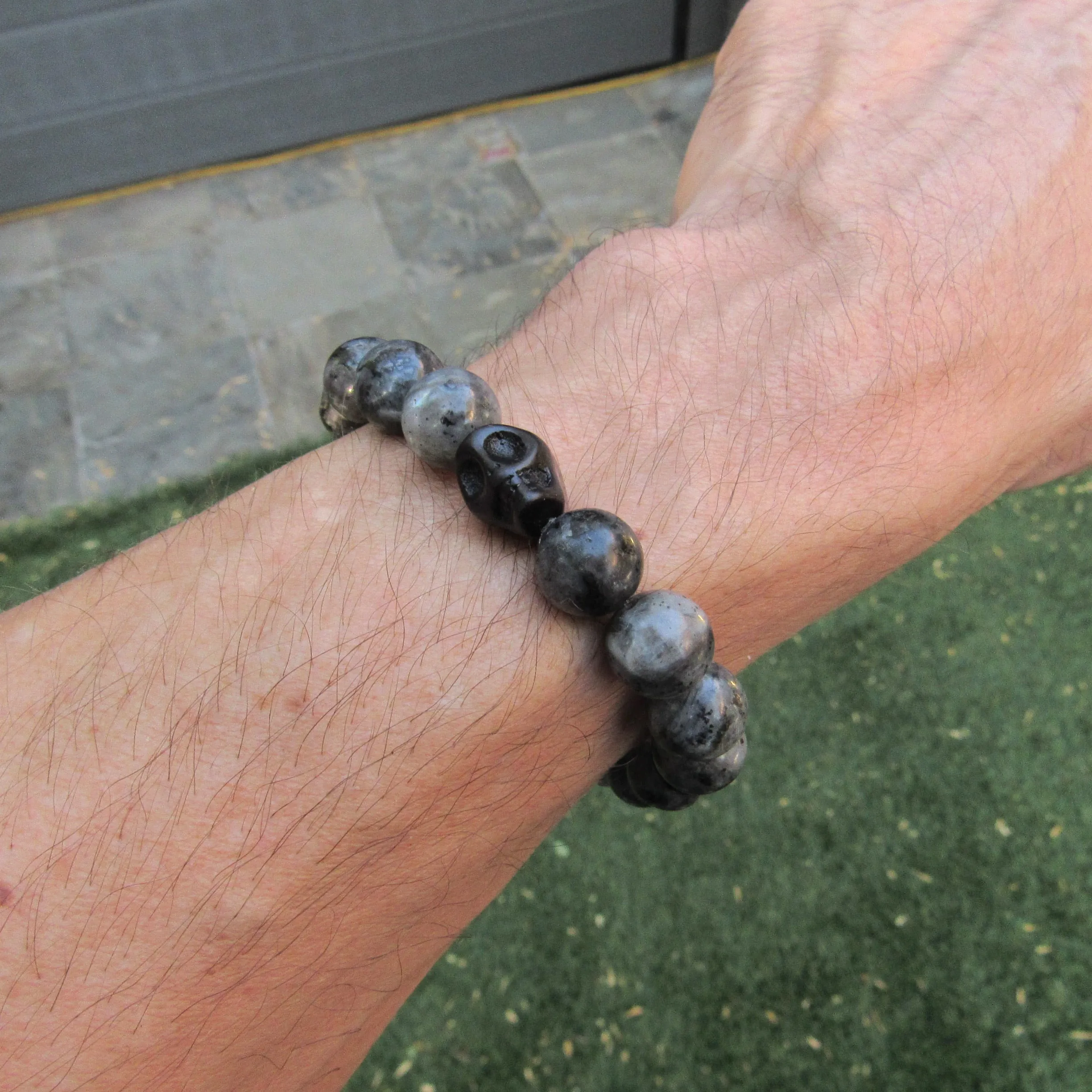 Black Labradorite, Onyx, and Howlite Skull Bracelet