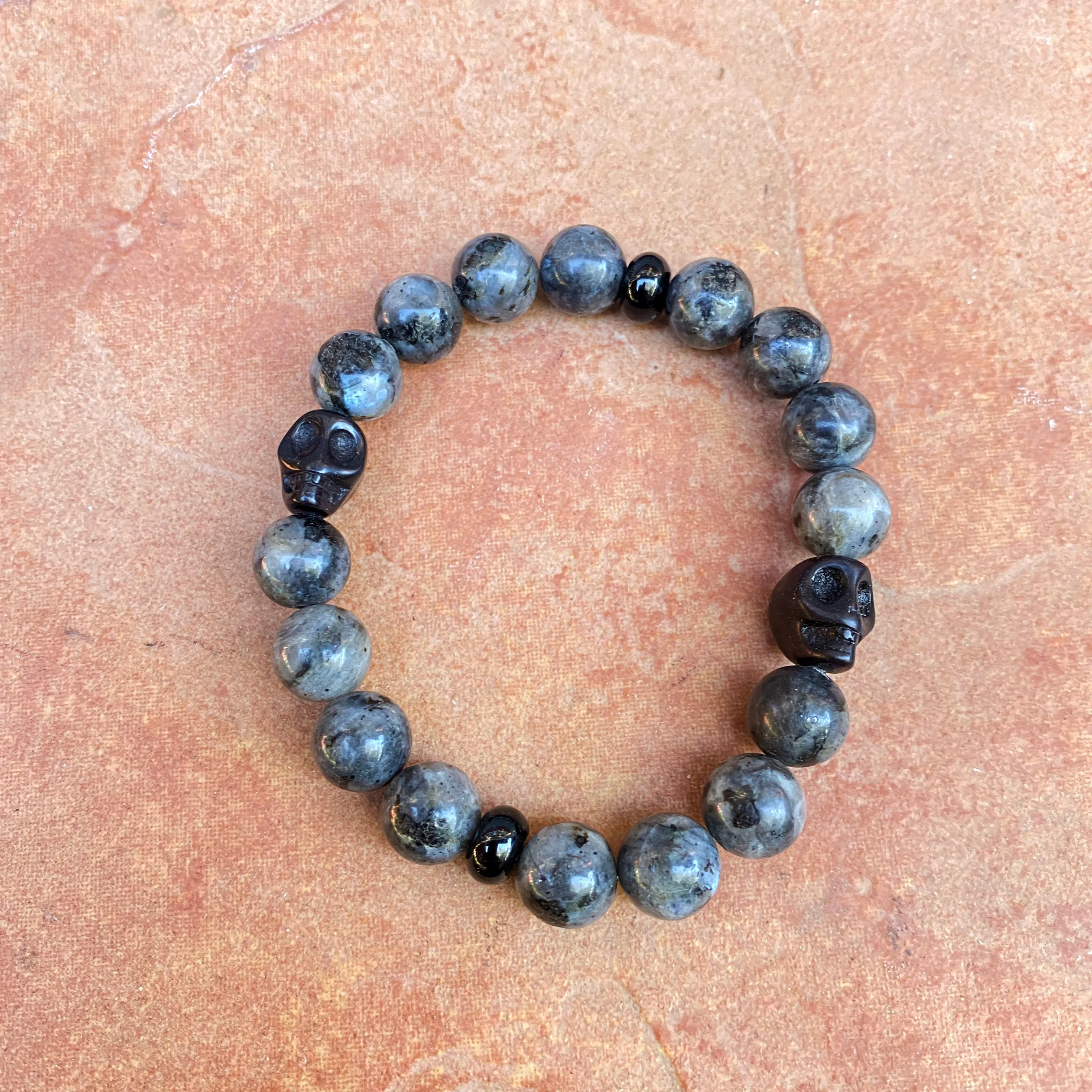 Black Labradorite, Onyx, and Howlite Skull Bracelet