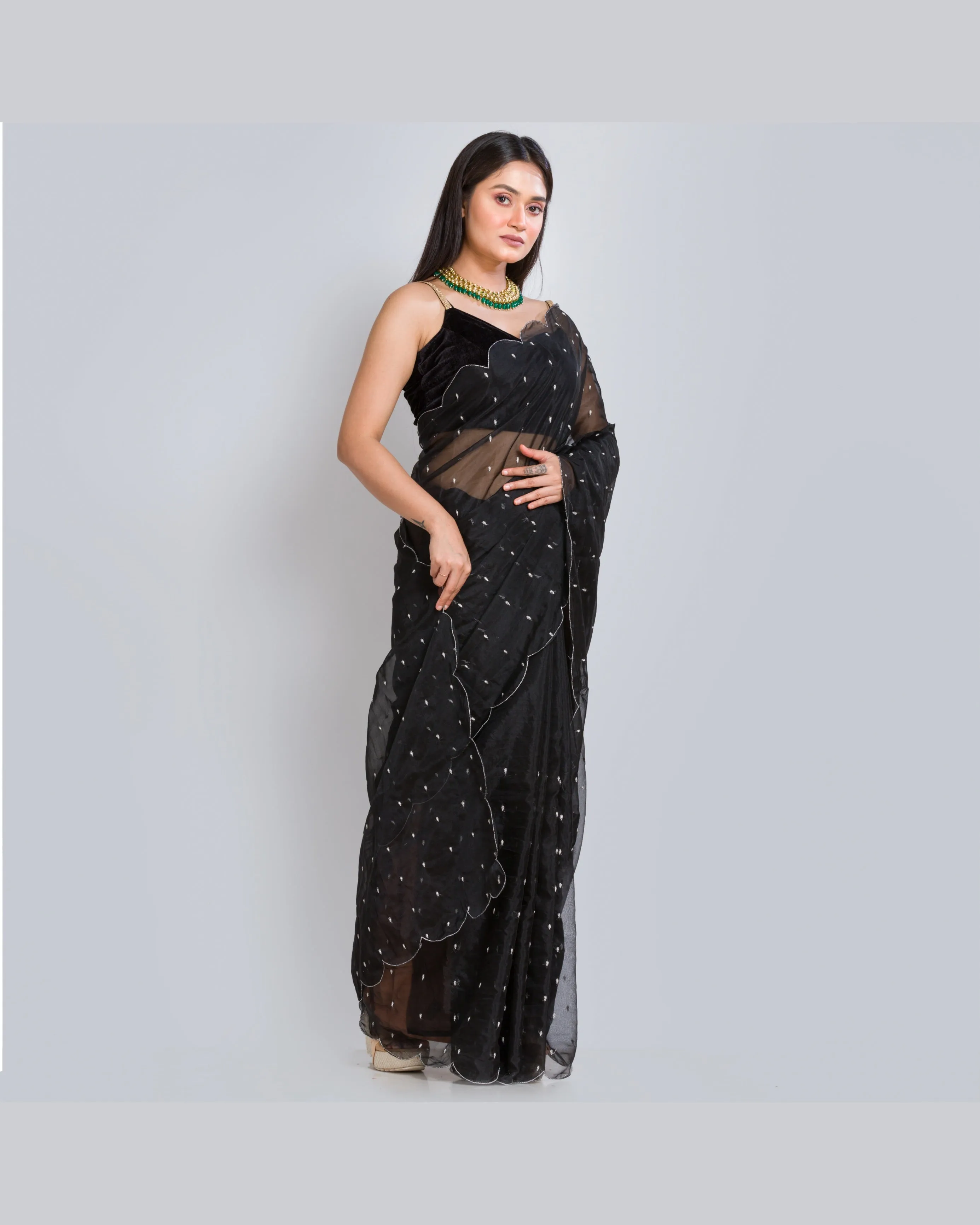 Black Organza Saree with Zardosi Dabka Embroidery