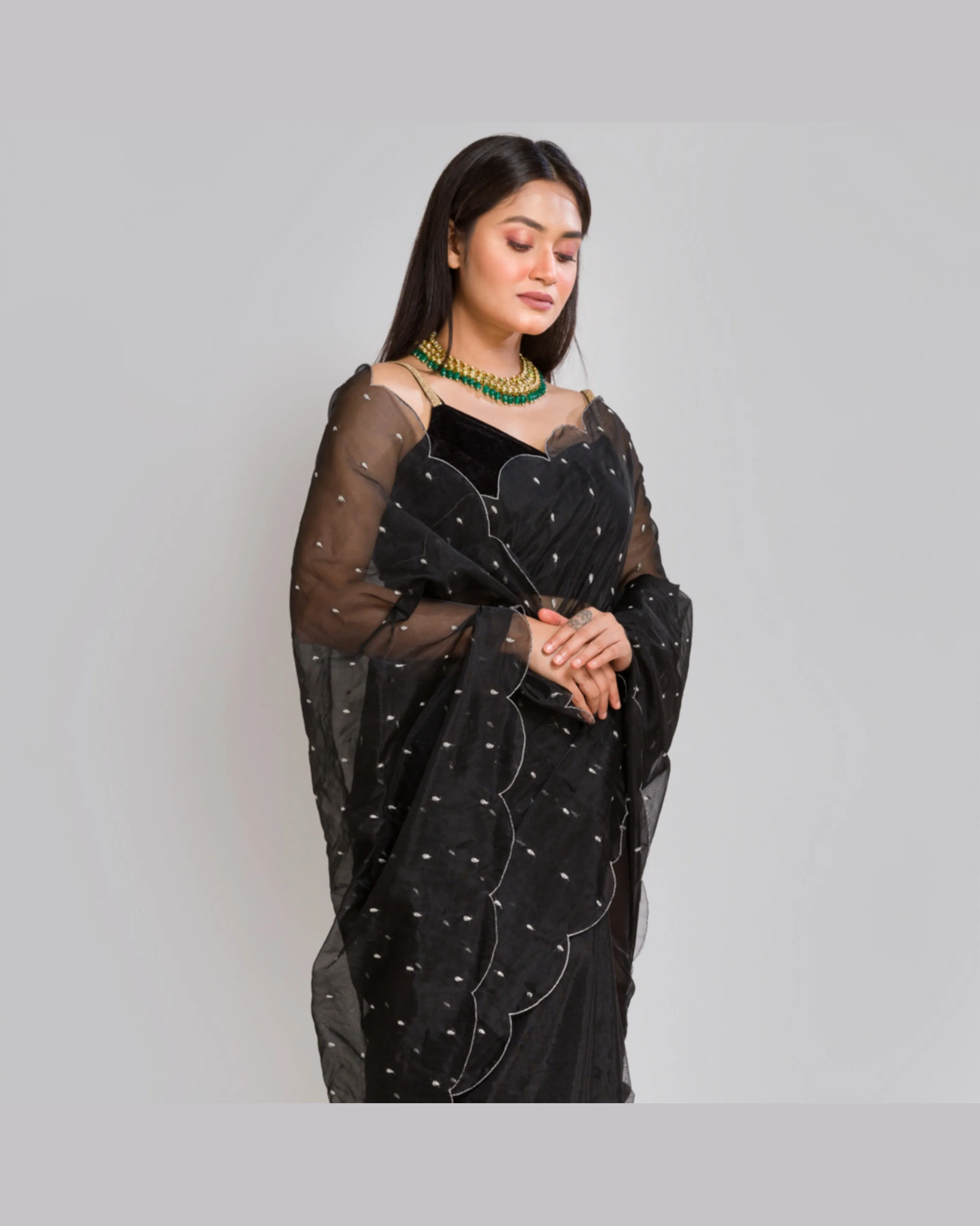 Black Organza Saree with Zardosi Dabka Embroidery