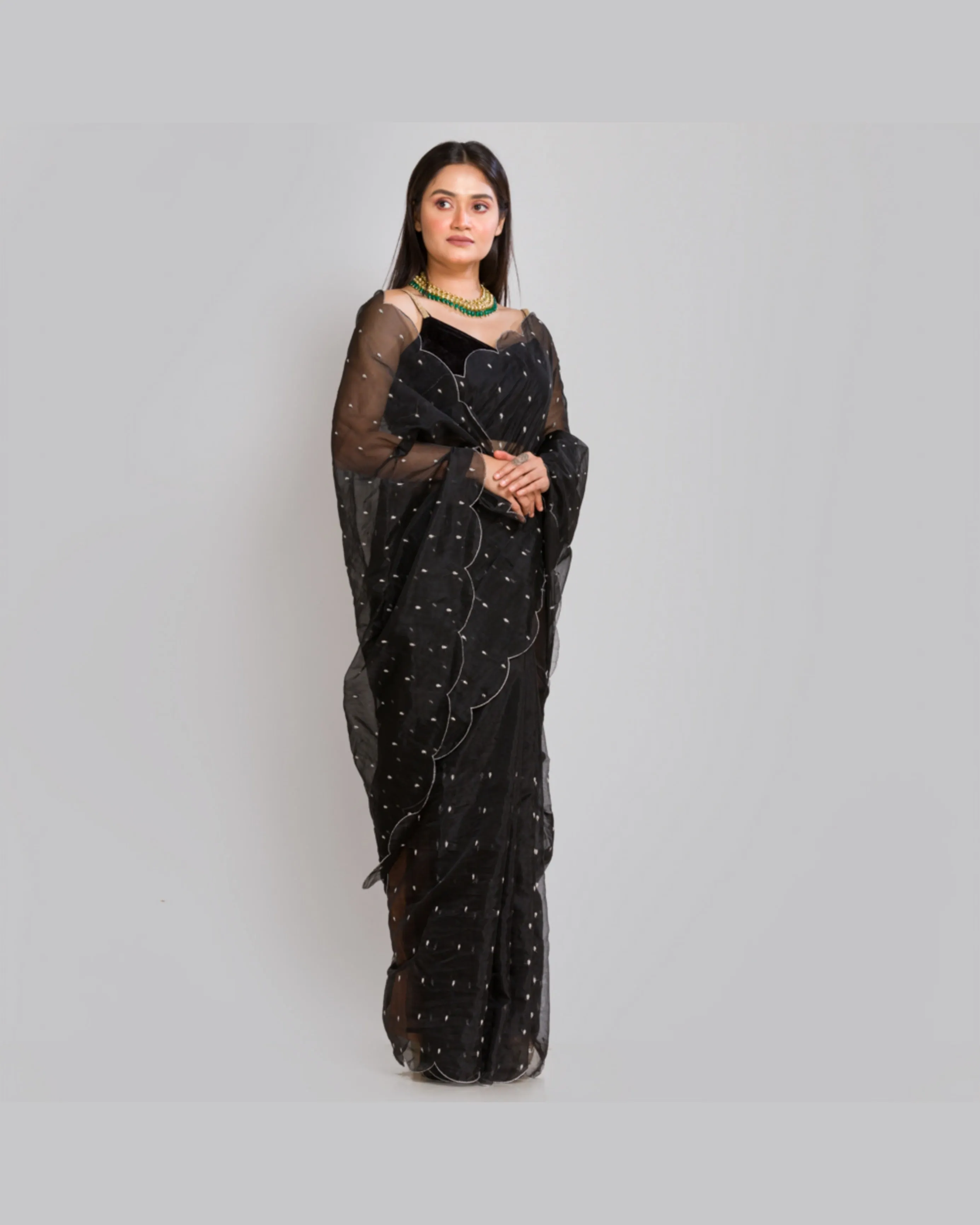 Black Organza Saree with Zardosi Dabka Embroidery