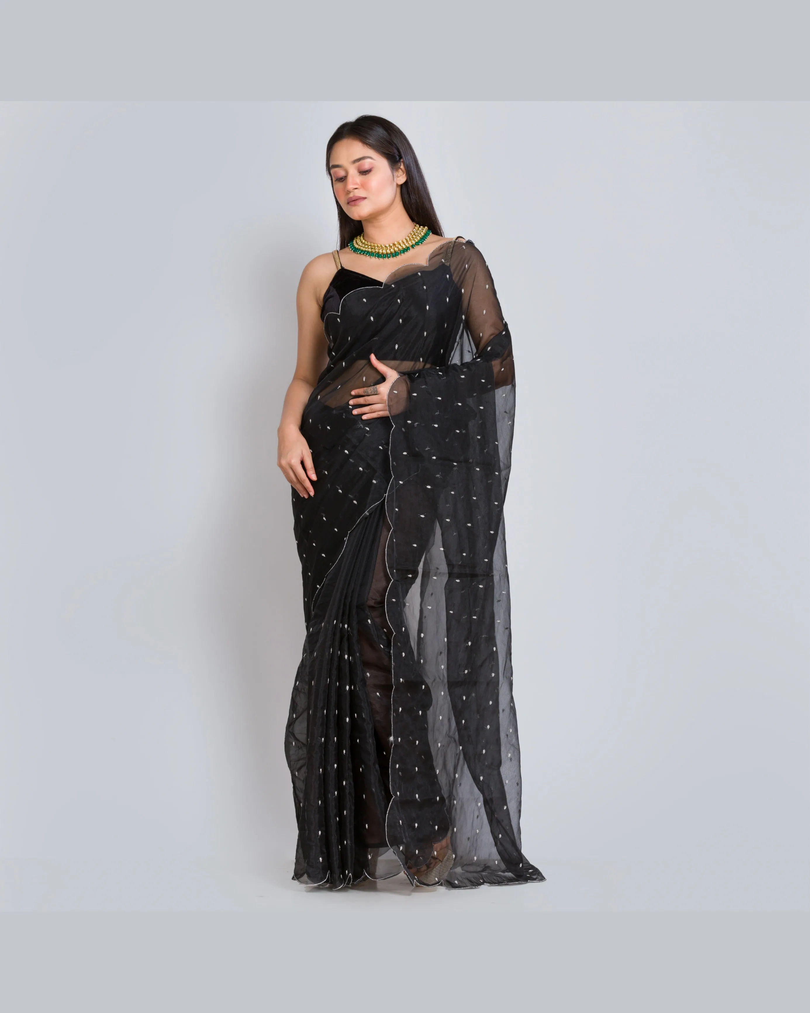 Black Organza Saree with Zardosi Dabka Embroidery