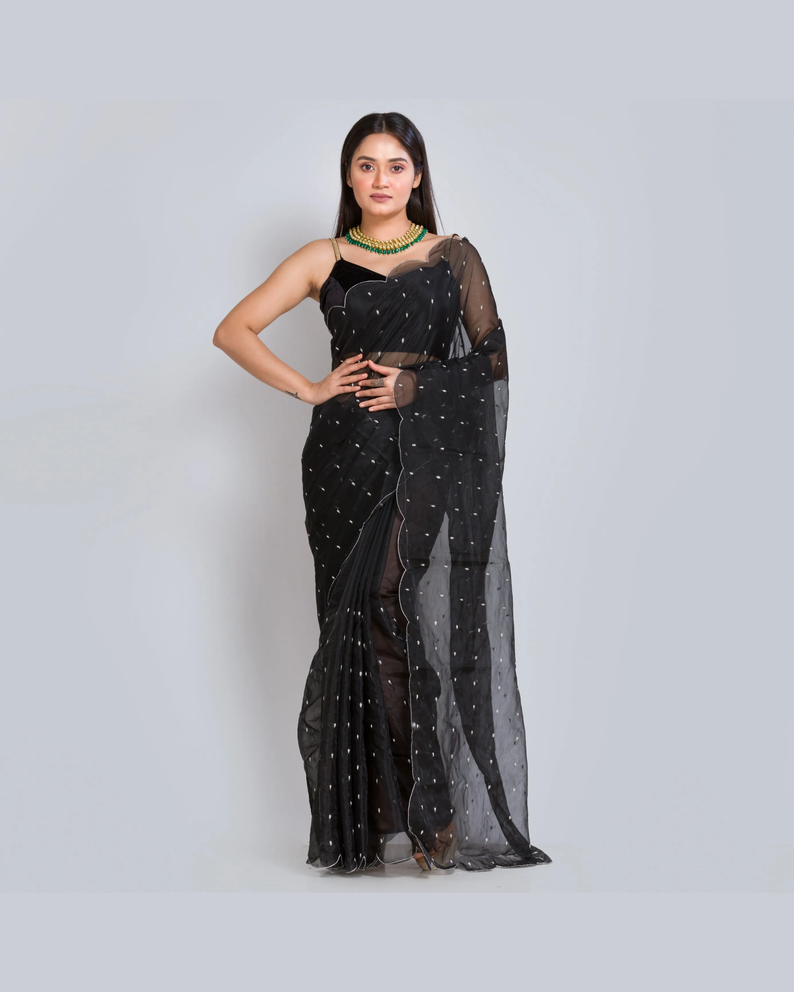 Black Organza Saree with Zardosi Dabka Embroidery