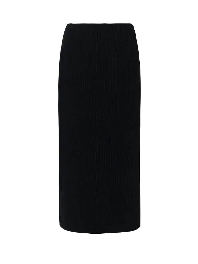 Black Straight Knitted Slit Women Skirt