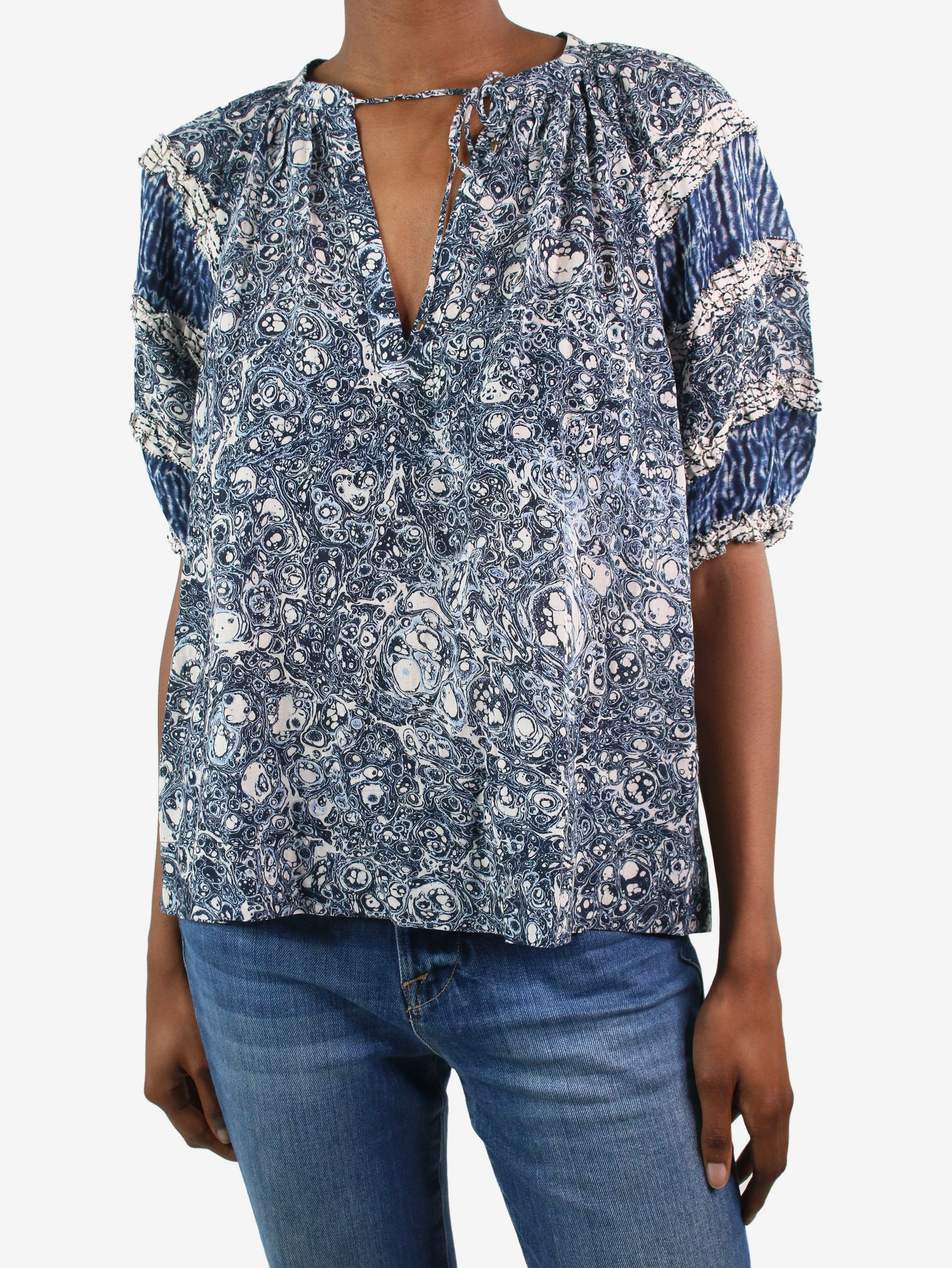 Blue printed keyhole blouse - size US 6