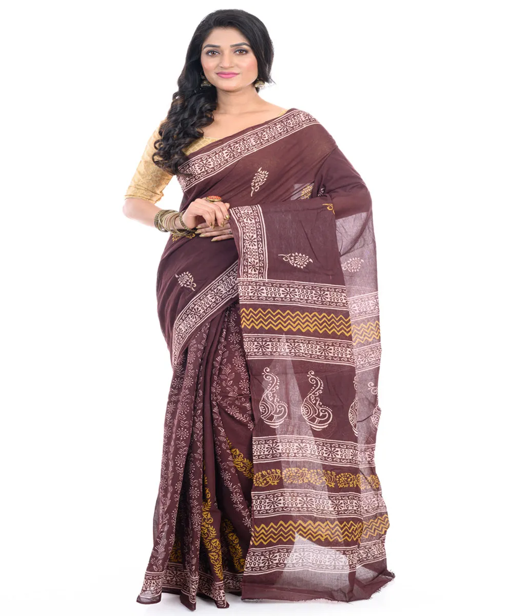 Brown cotton hand block printed bengal saree