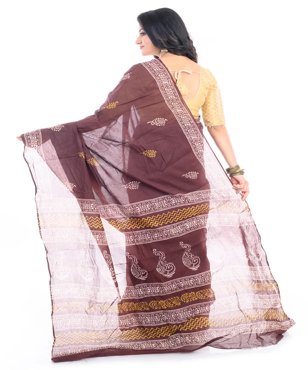 Brown cotton hand block printed bengal saree