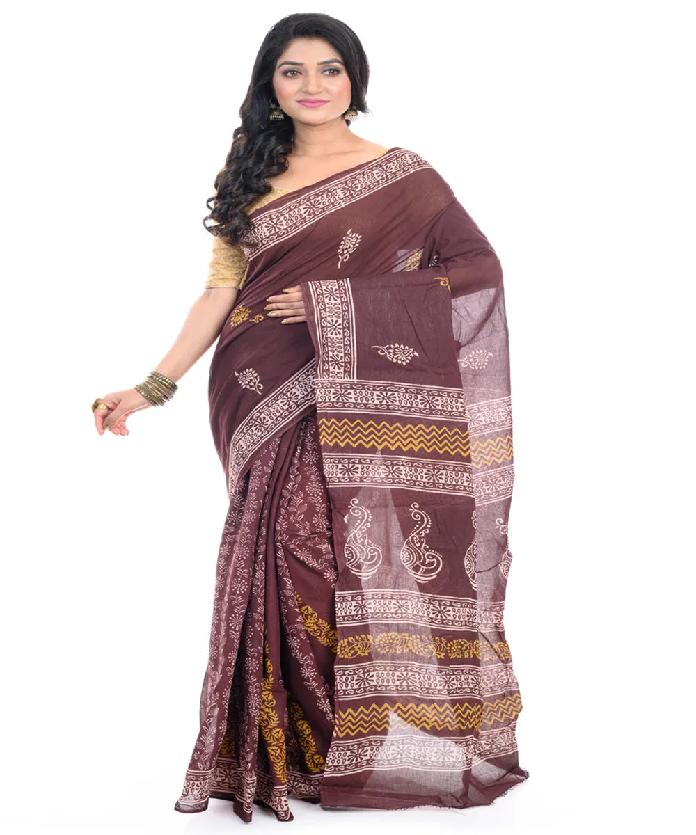 Brown cotton hand block printed bengal saree