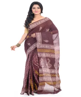 Brown cotton hand block printed bengal saree