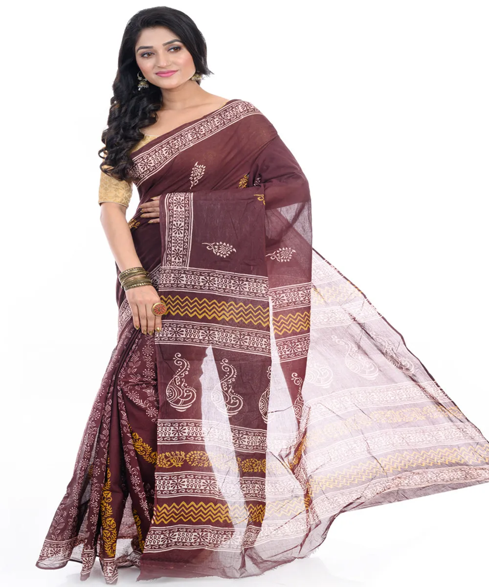 Brown cotton hand block printed bengal saree