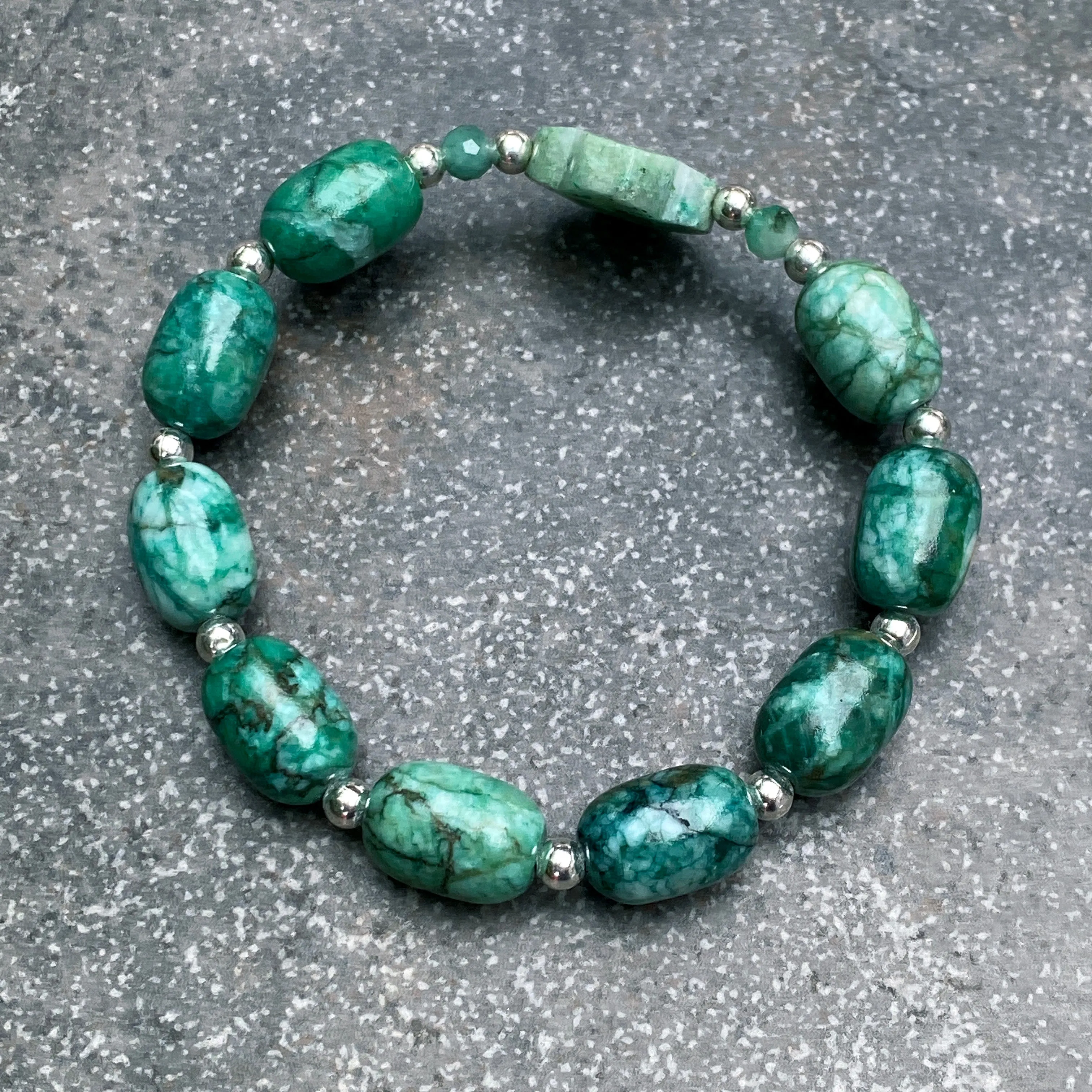 Chrysocolla Clover and Emerald gemstone Beaded Stretch Bracelet