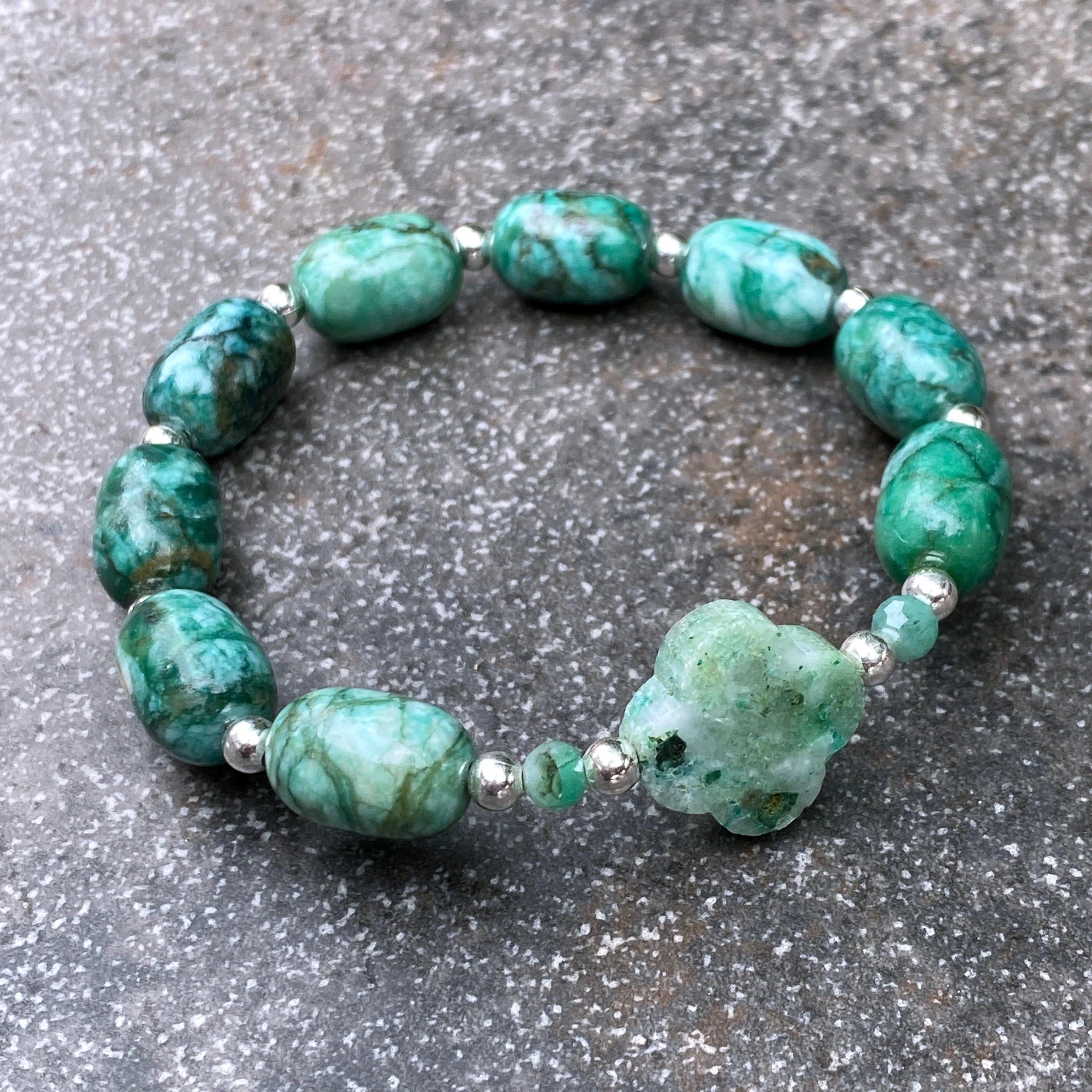 Chrysocolla Clover and Emerald gemstone Beaded Stretch Bracelet